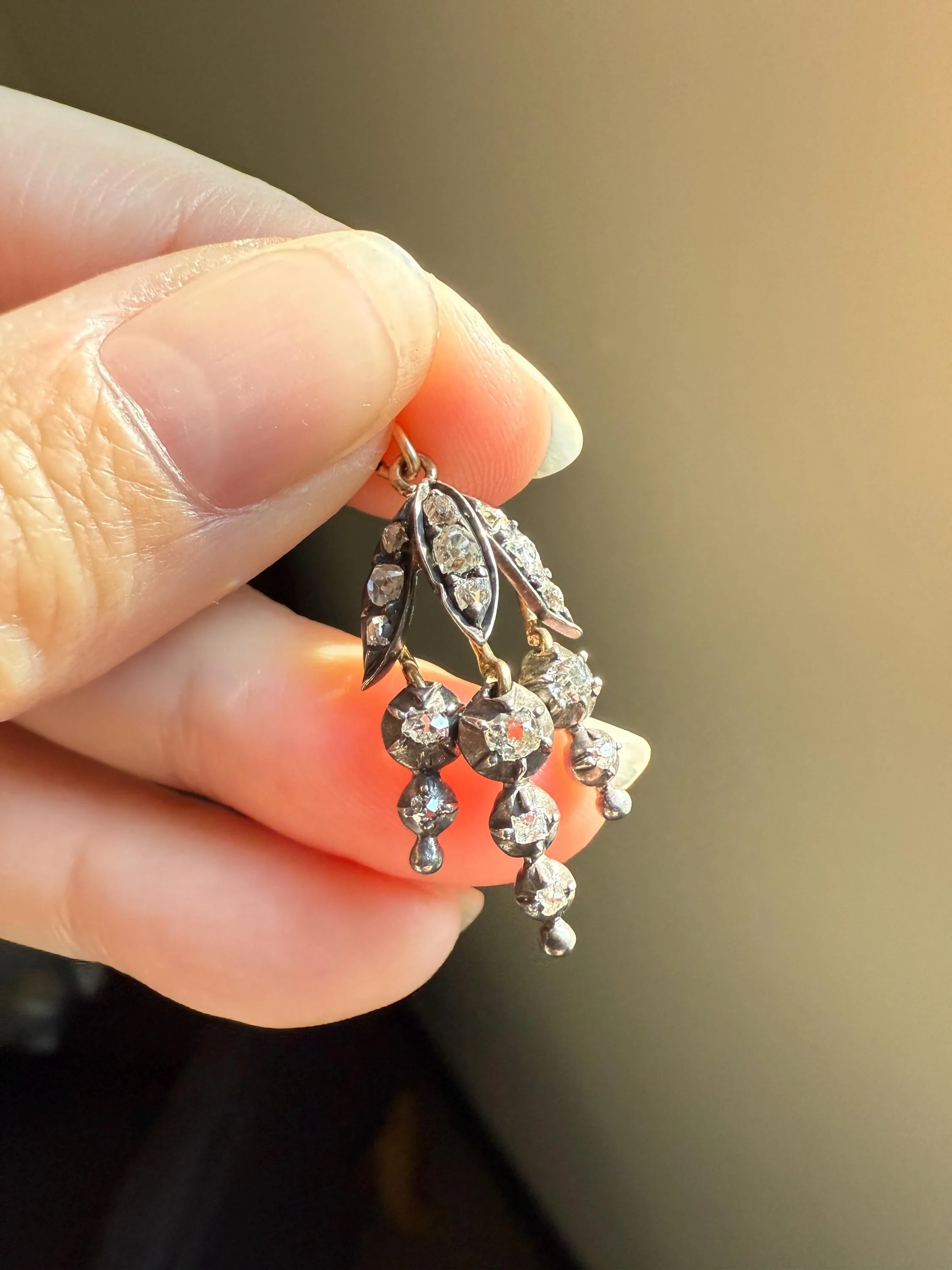 Floral FRINGE Old Mine Cut DIAMOND Drop Pendant 18k Gold Silver Collet Figural 2 Avail OMC Dangle Earrings - Image 4