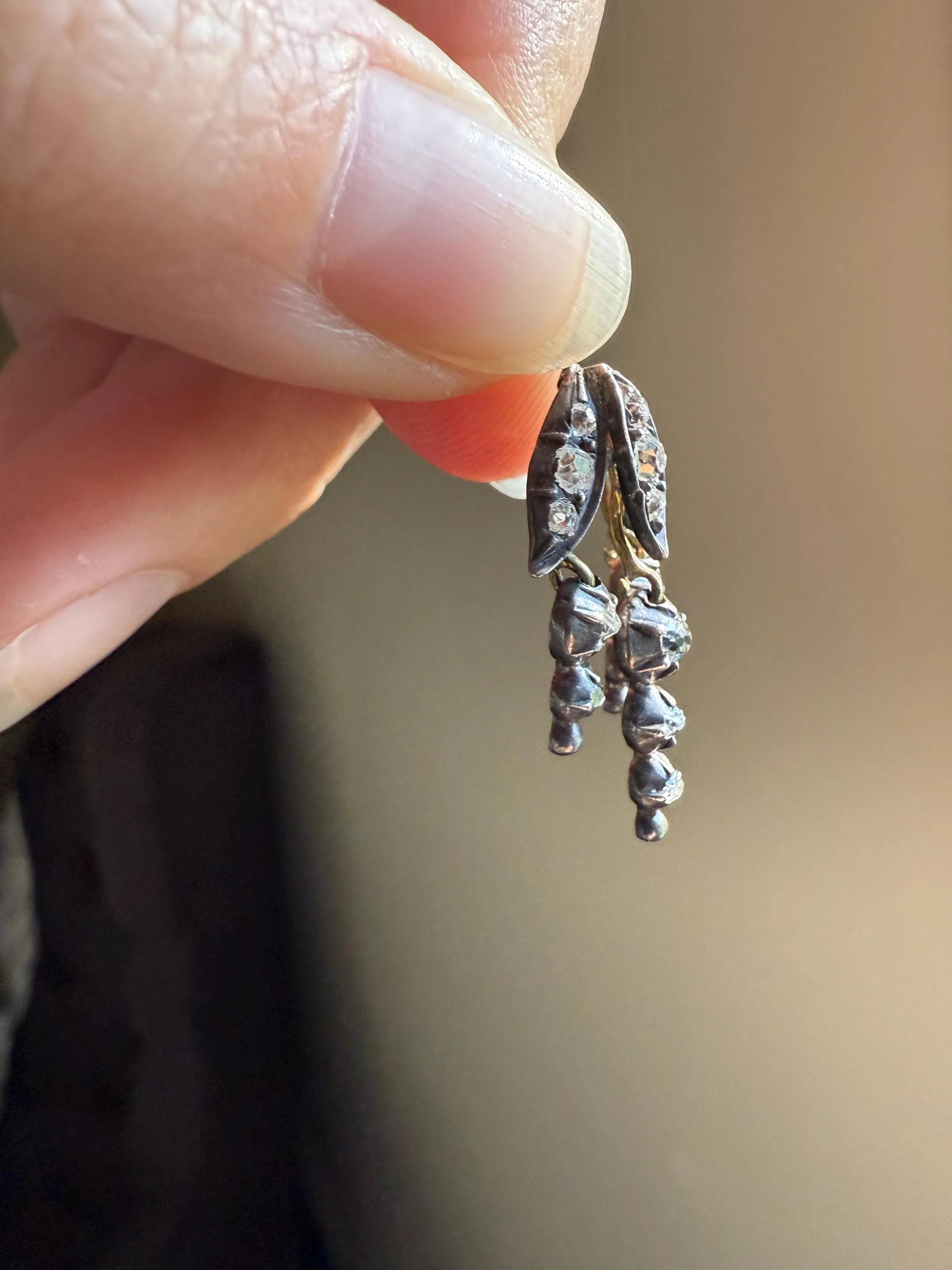 Floral FRINGE Old Mine Cut DIAMOND Drop Pendant 18k Gold Silver Collet Figural 2 Avail OMC Dangle Earrings - Image 5