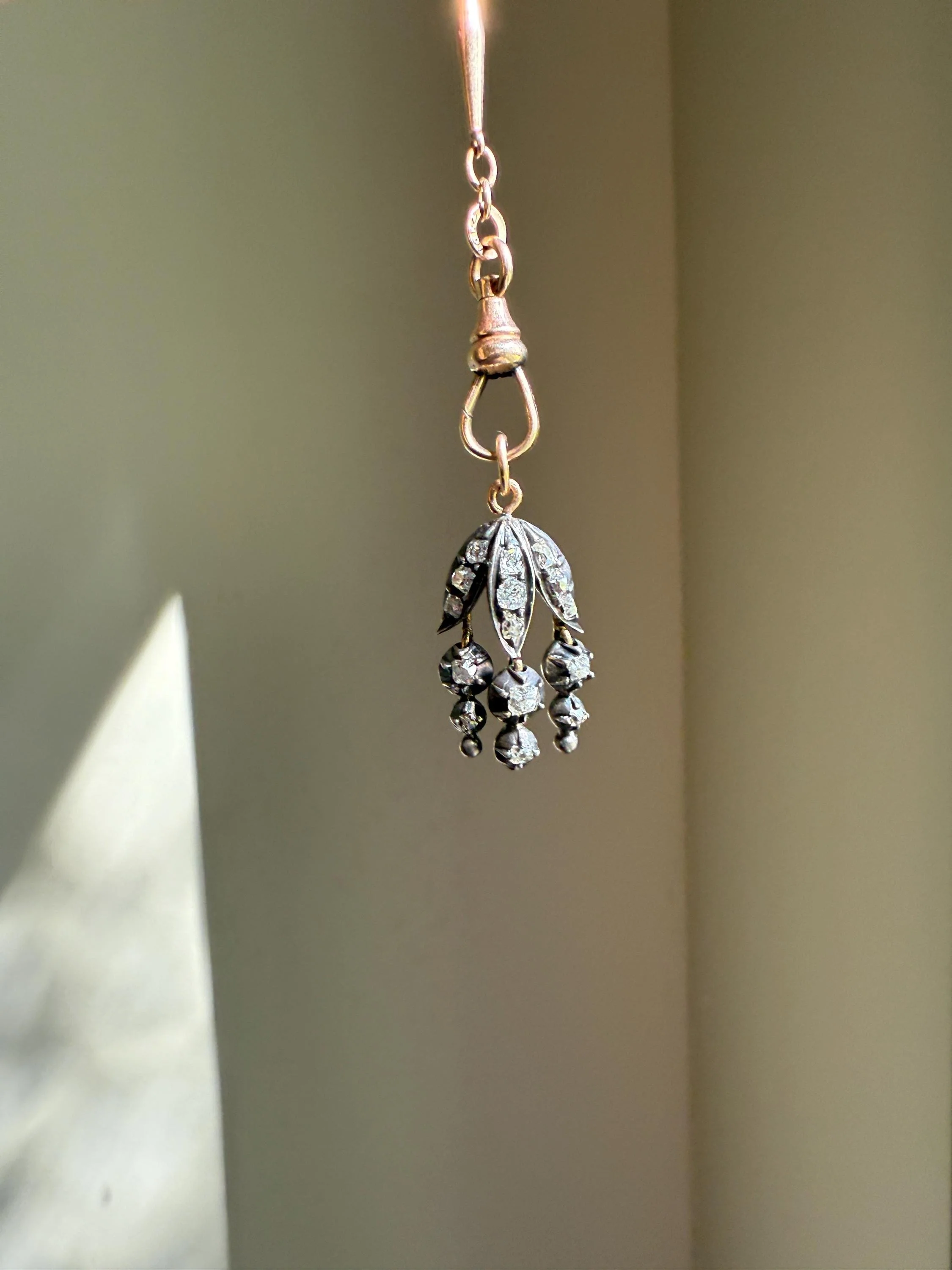 Floral FRINGE Old Mine Cut DIAMOND Drop Pendant 18k Gold Silver Collet Figural 2 Avail OMC Dangle Earrings - Image 6
