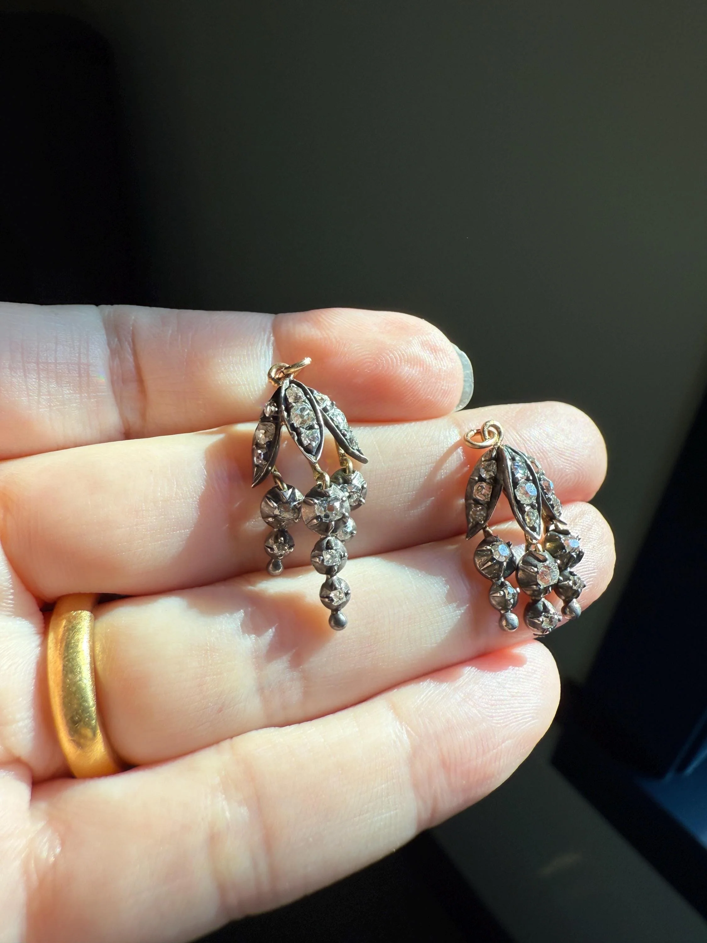 Floral FRINGE Old Mine Cut DIAMOND Drop Pendant 18k Gold Silver Collet Figural 2 Avail OMC Dangle Earrings - Image 8