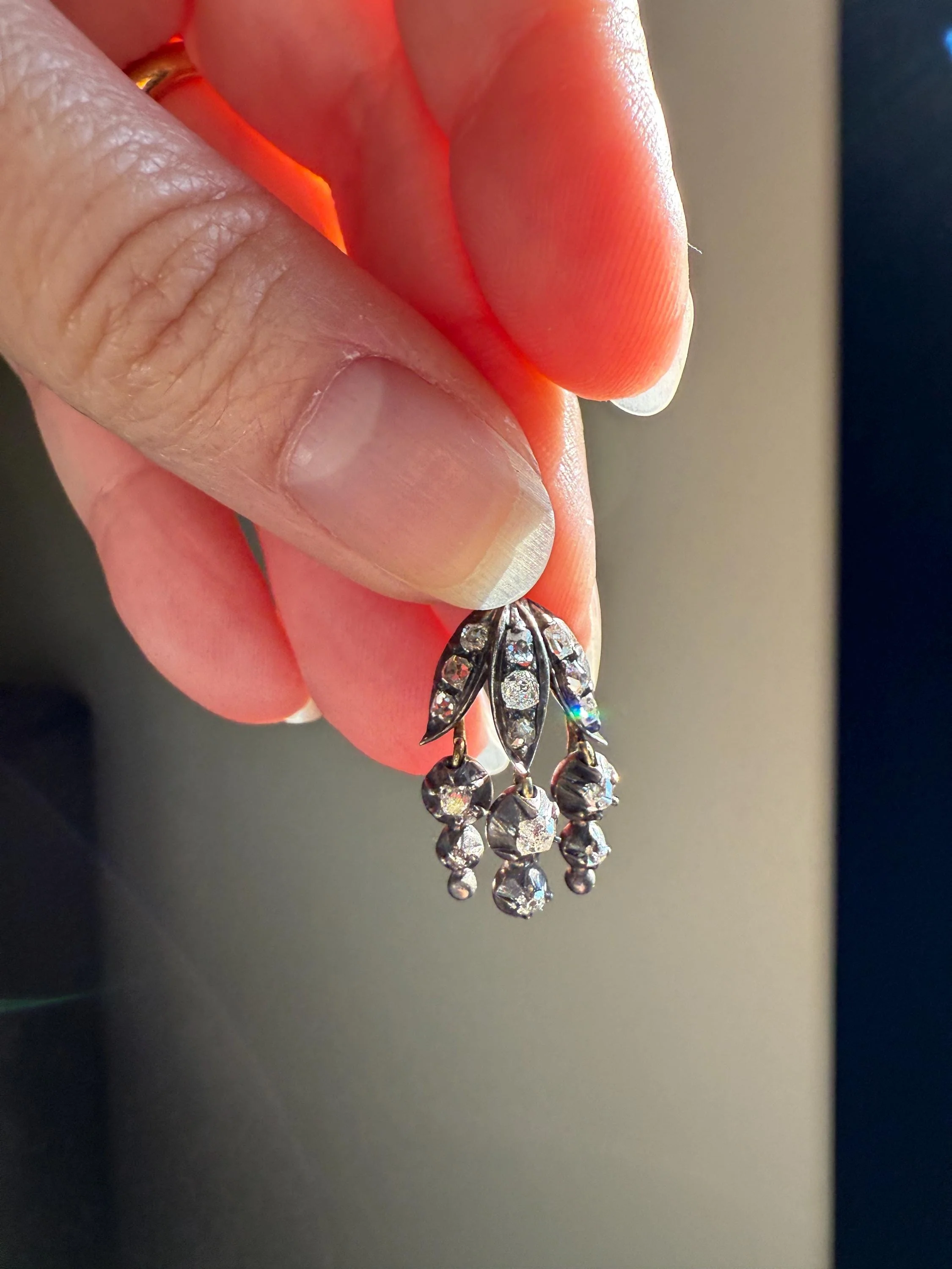 Floral FRINGE Old Mine Cut DIAMOND Drop Pendant 18k Gold Silver Collet Figural 2 Avail OMC Dangle Earrings - Image 9