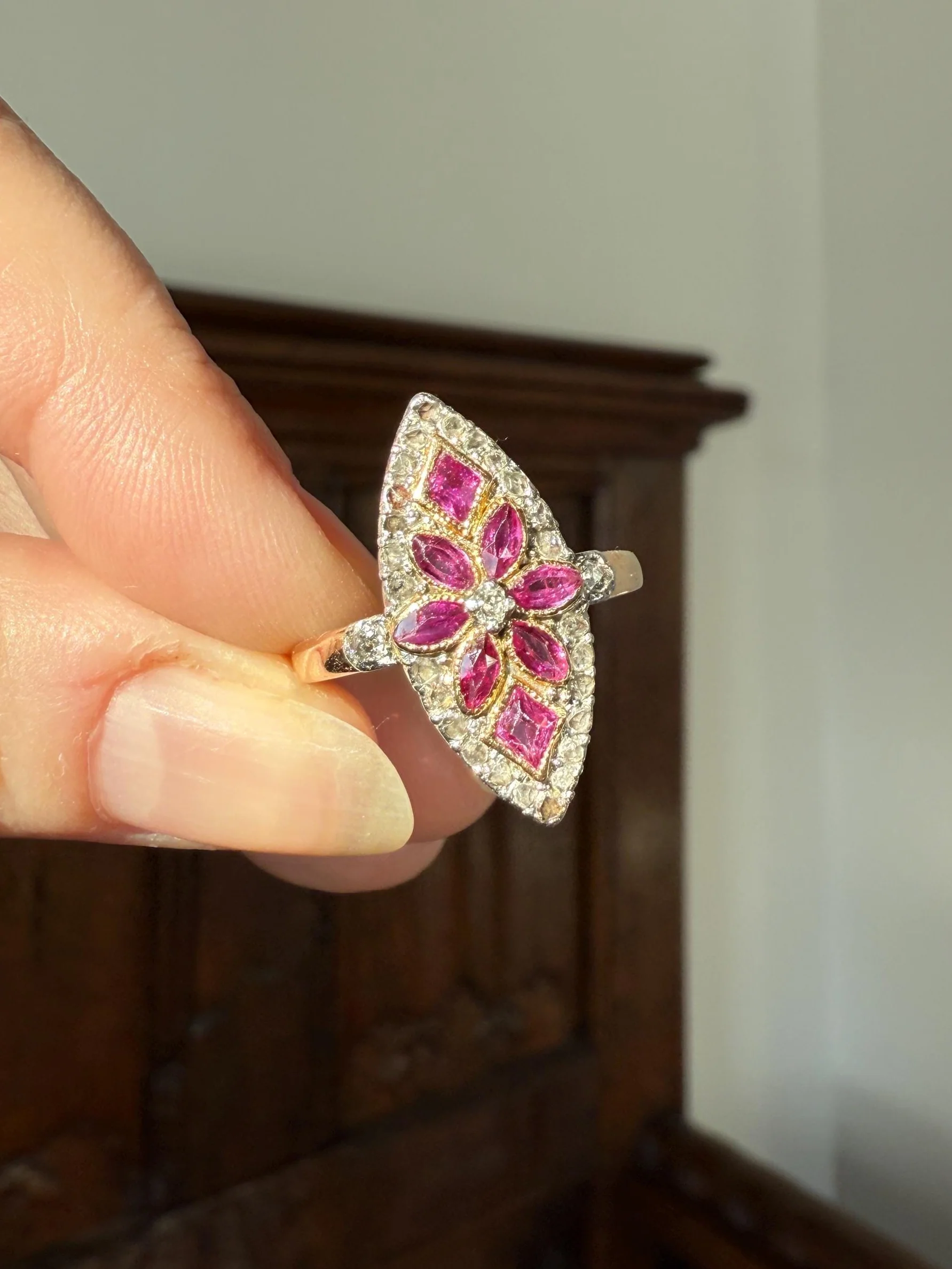 Floral Starburst Art NOUVEAU Antique FRENCH Rose Cut Diamond RUBY Sapphire Navette Ring 18k Gold PLATiNUM Belle Epoque Pink