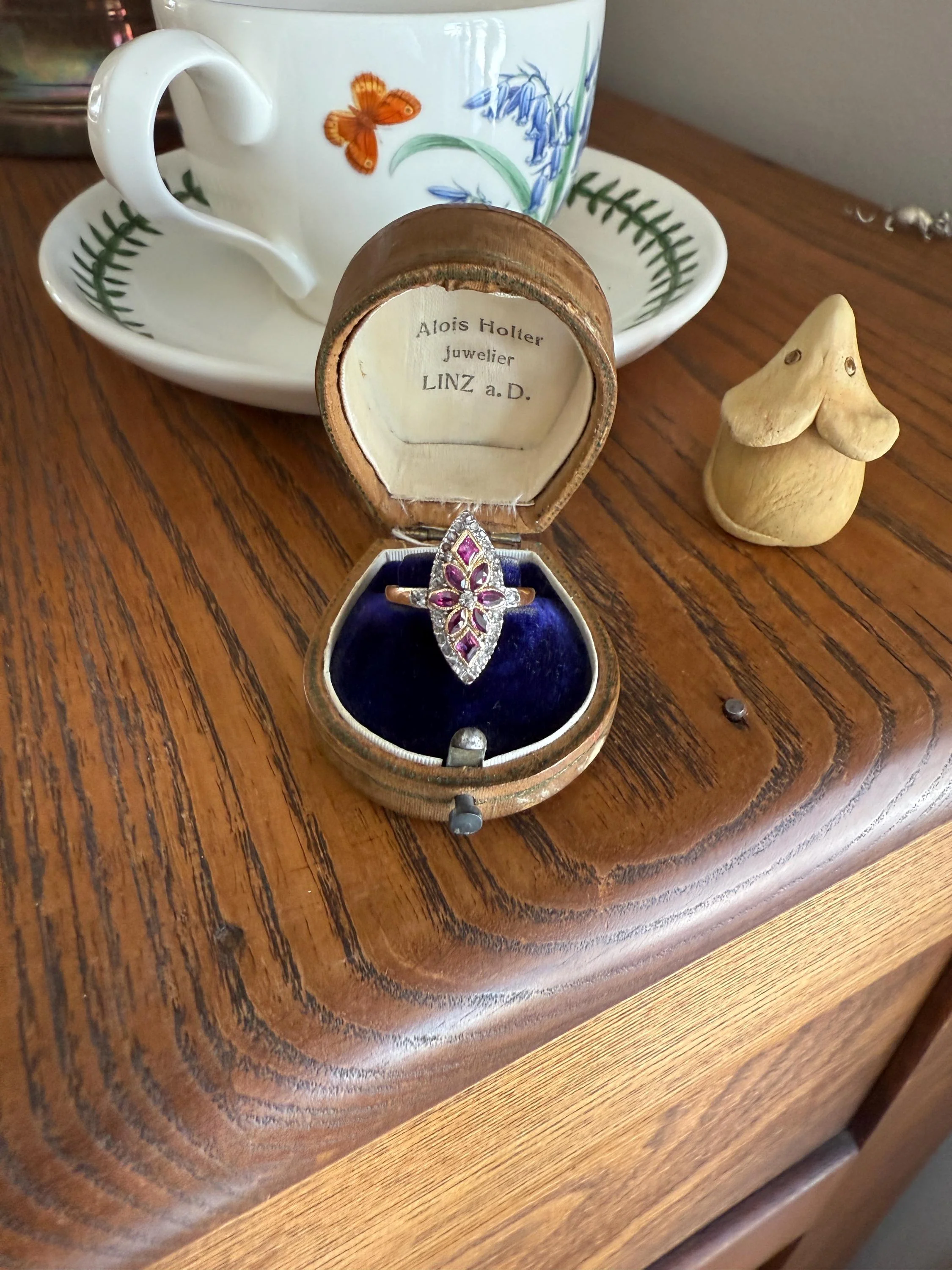 Floral Starburst Art NOUVEAU Antique FRENCH Rose Cut Diamond RUBY Sapphire Navette Ring 18k Gold PLATiNUM Belle Epoque Pink - Image 10