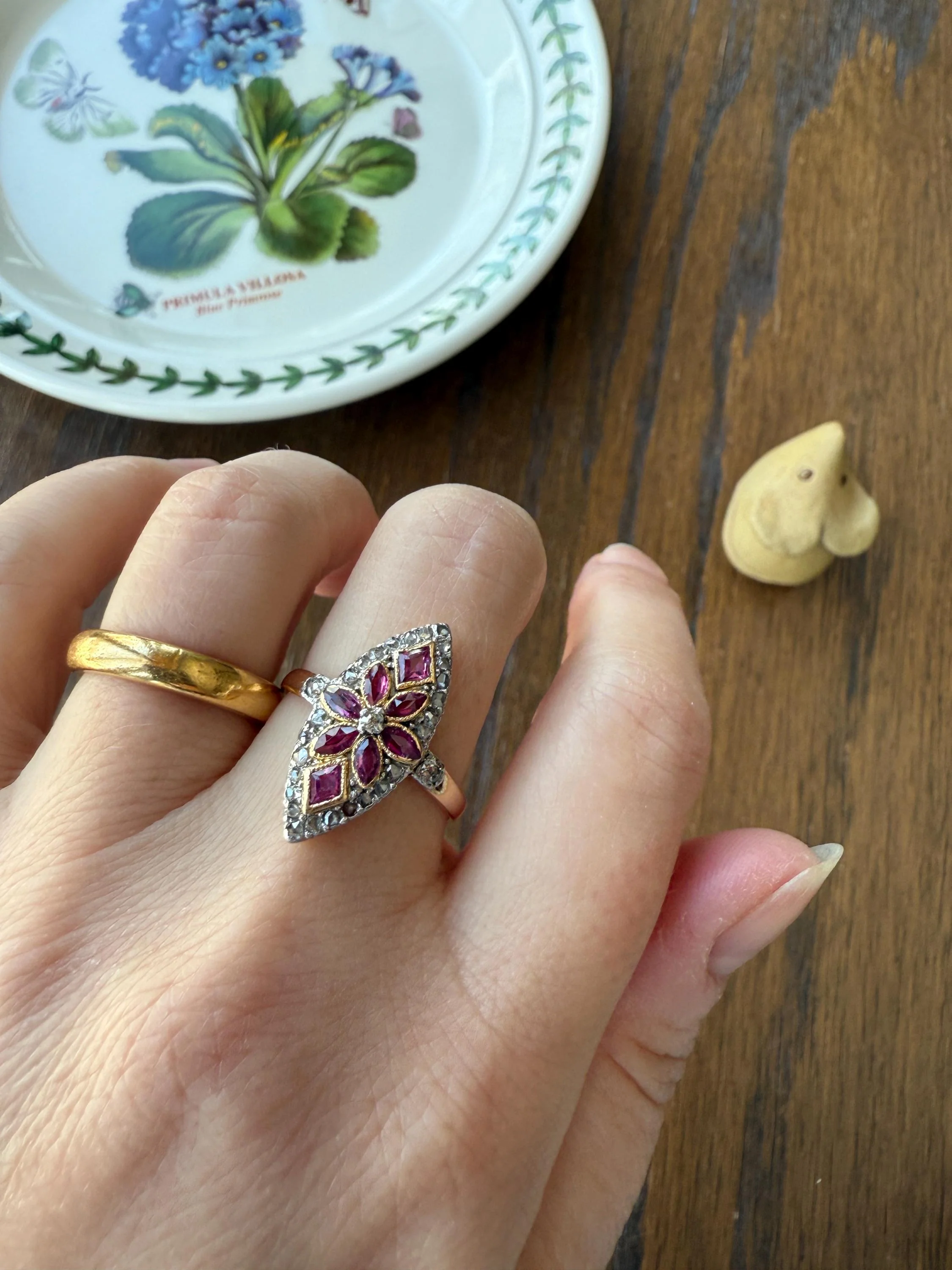 Floral Starburst Art NOUVEAU Antique FRENCH Rose Cut Diamond RUBY Sapphire Navette Ring 18k Gold PLATiNUM Belle Epoque Pink - Image 11