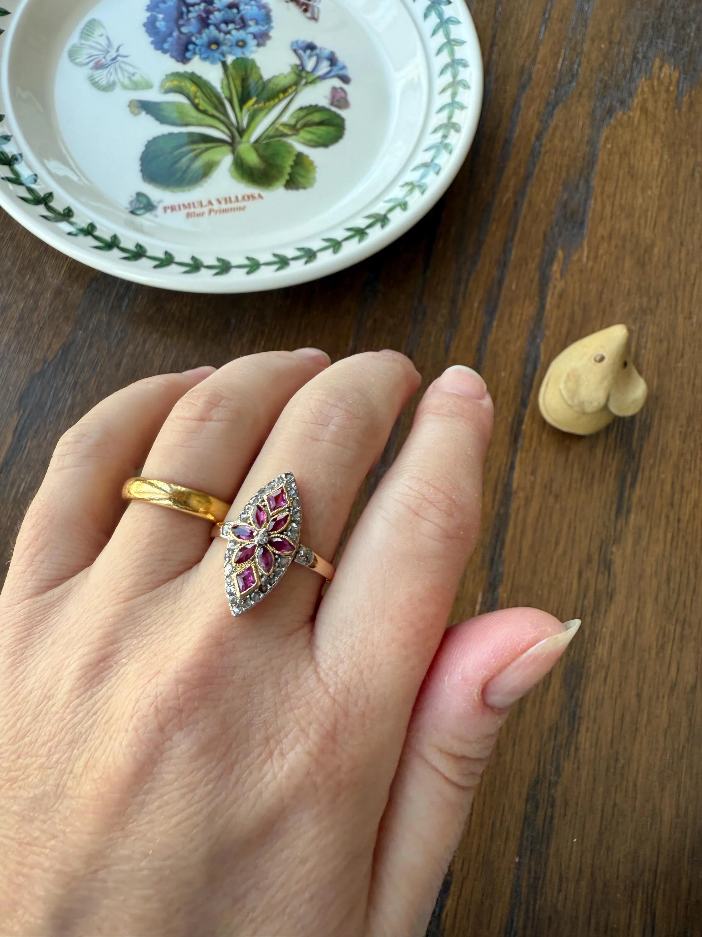 Floral Starburst Art NOUVEAU Antique FRENCH Rose Cut Diamond RUBY Sapphire Navette Ring 18k Gold PLATiNUM Belle Epoque Pink - Image 12