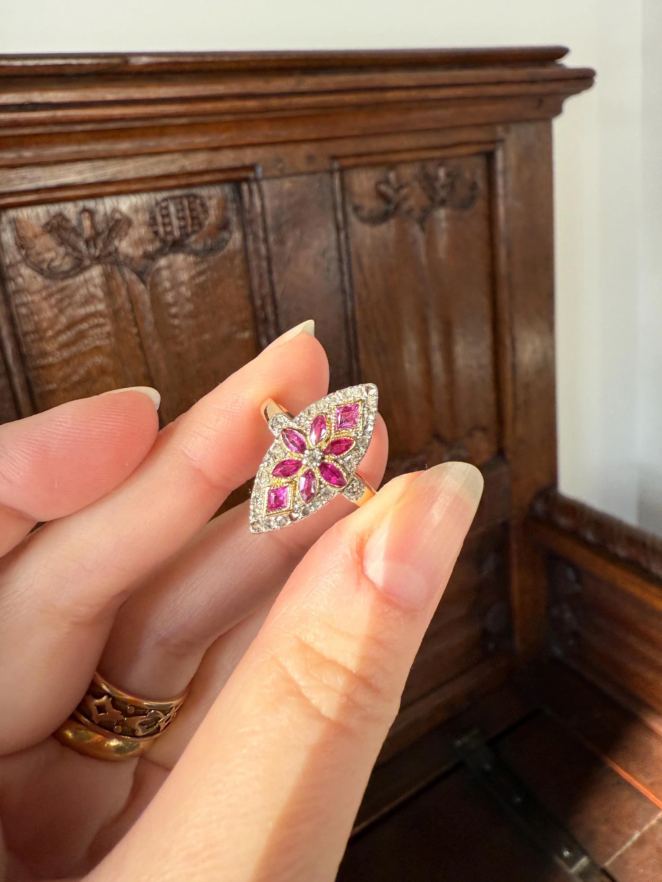 Floral Starburst Art NOUVEAU Antique FRENCH Rose Cut Diamond RUBY Sapphire Navette Ring 18k Gold PLATiNUM Belle Epoque Pink - Image 13