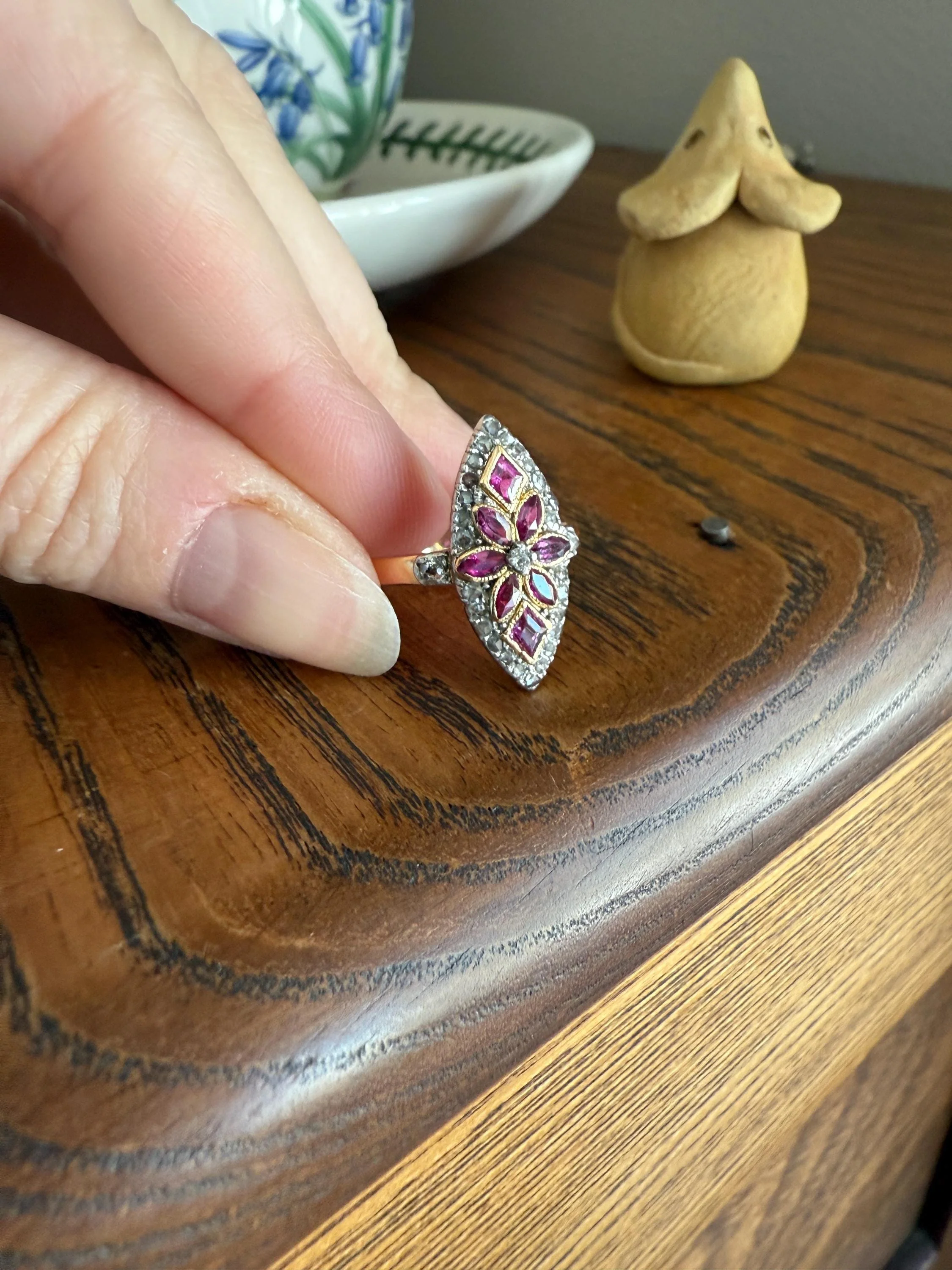 Floral Starburst Art NOUVEAU Antique FRENCH Rose Cut Diamond RUBY Sapphire Navette Ring 18k Gold PLATiNUM Belle Epoque Pink - Image 15