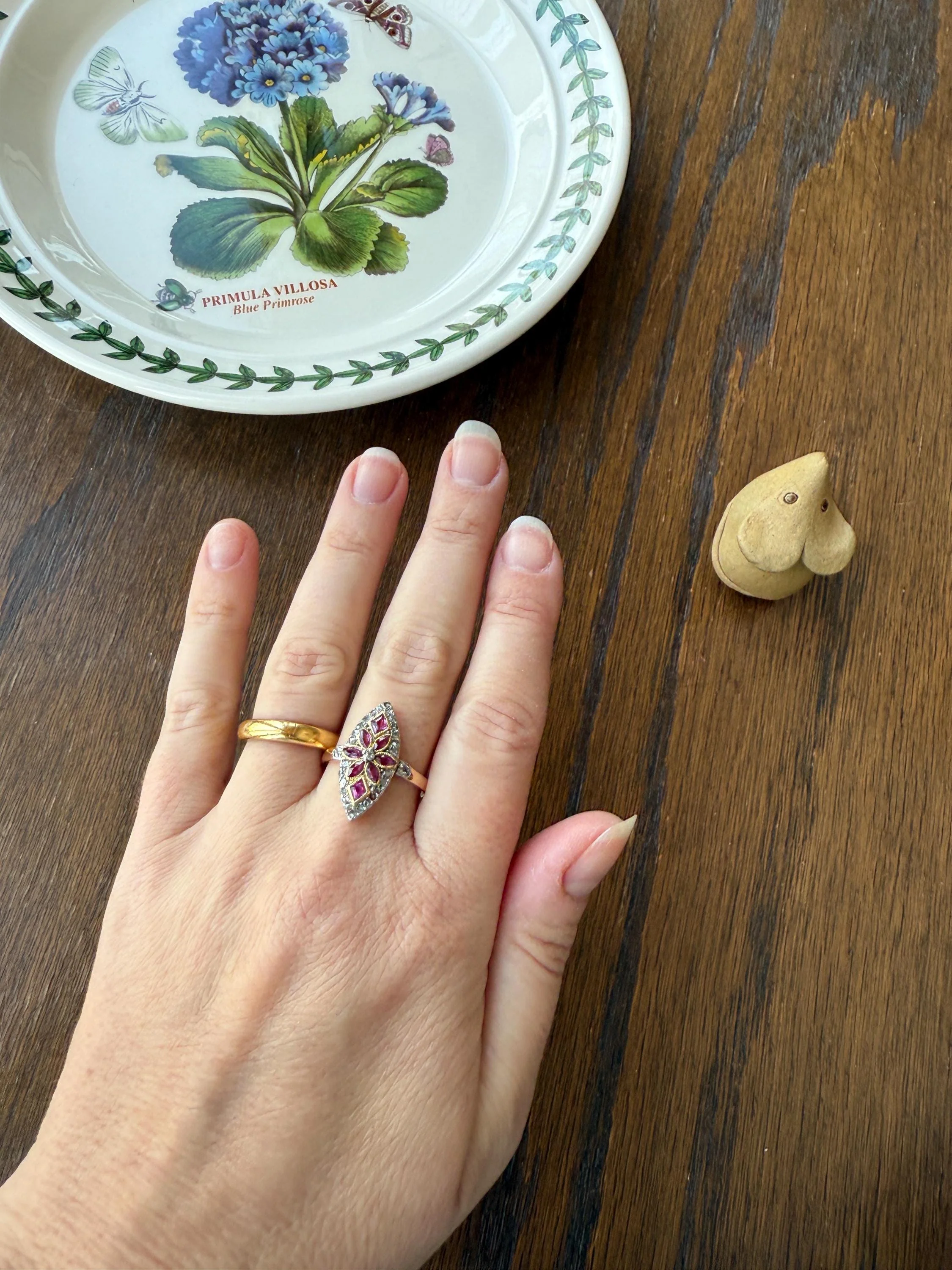 Floral Starburst Art NOUVEAU Antique FRENCH Rose Cut Diamond RUBY Sapphire Navette Ring 18k Gold PLATiNUM Belle Epoque Pink - Image 16