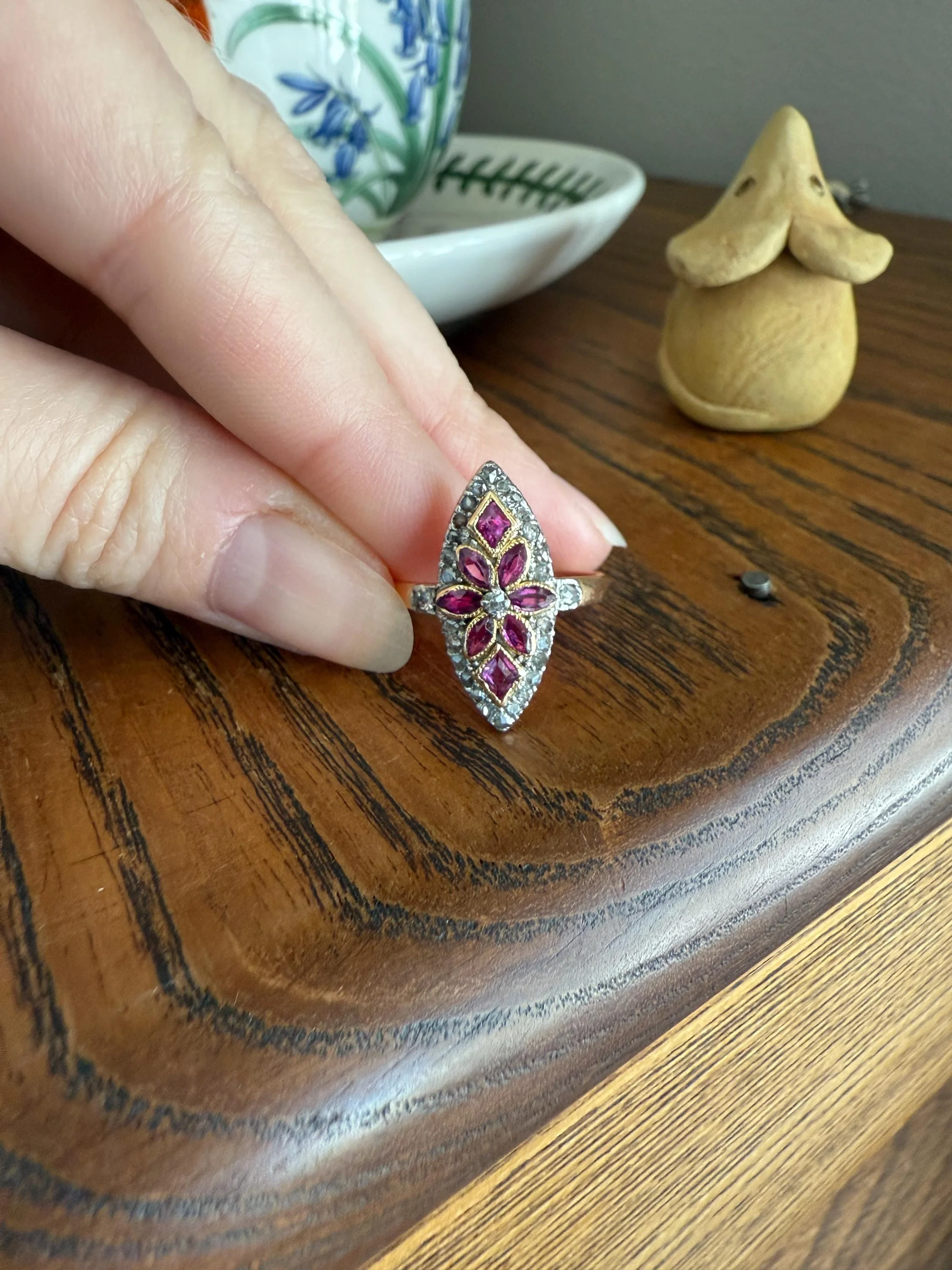 Floral Starburst Art NOUVEAU Antique FRENCH Rose Cut Diamond RUBY Sapphire Navette Ring 18k Gold PLATiNUM Belle Epoque Pink - Image 17