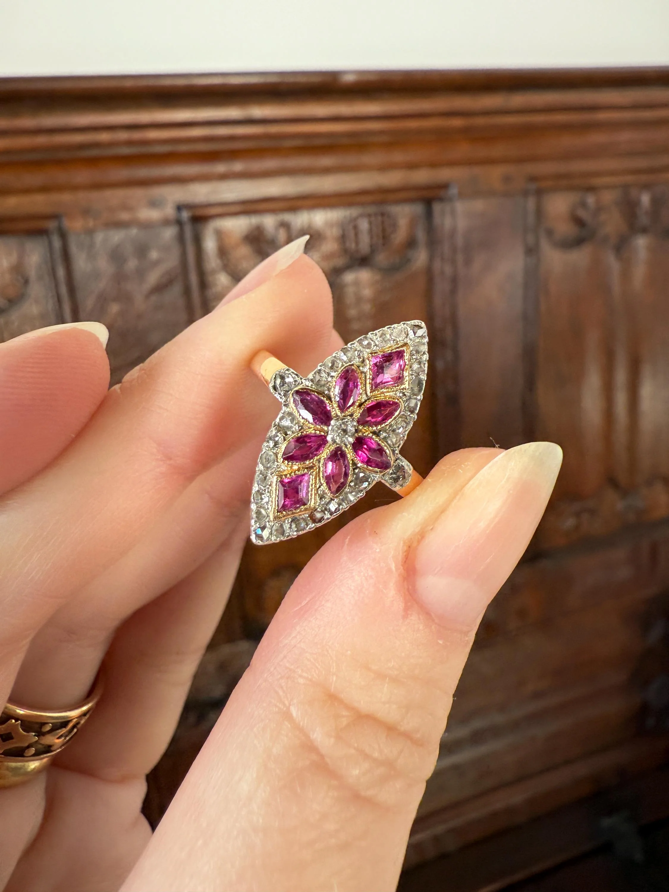Floral Starburst Art NOUVEAU Antique FRENCH Rose Cut Diamond RUBY Sapphire Navette Ring 18k Gold PLATiNUM Belle Epoque Pink - Image 19