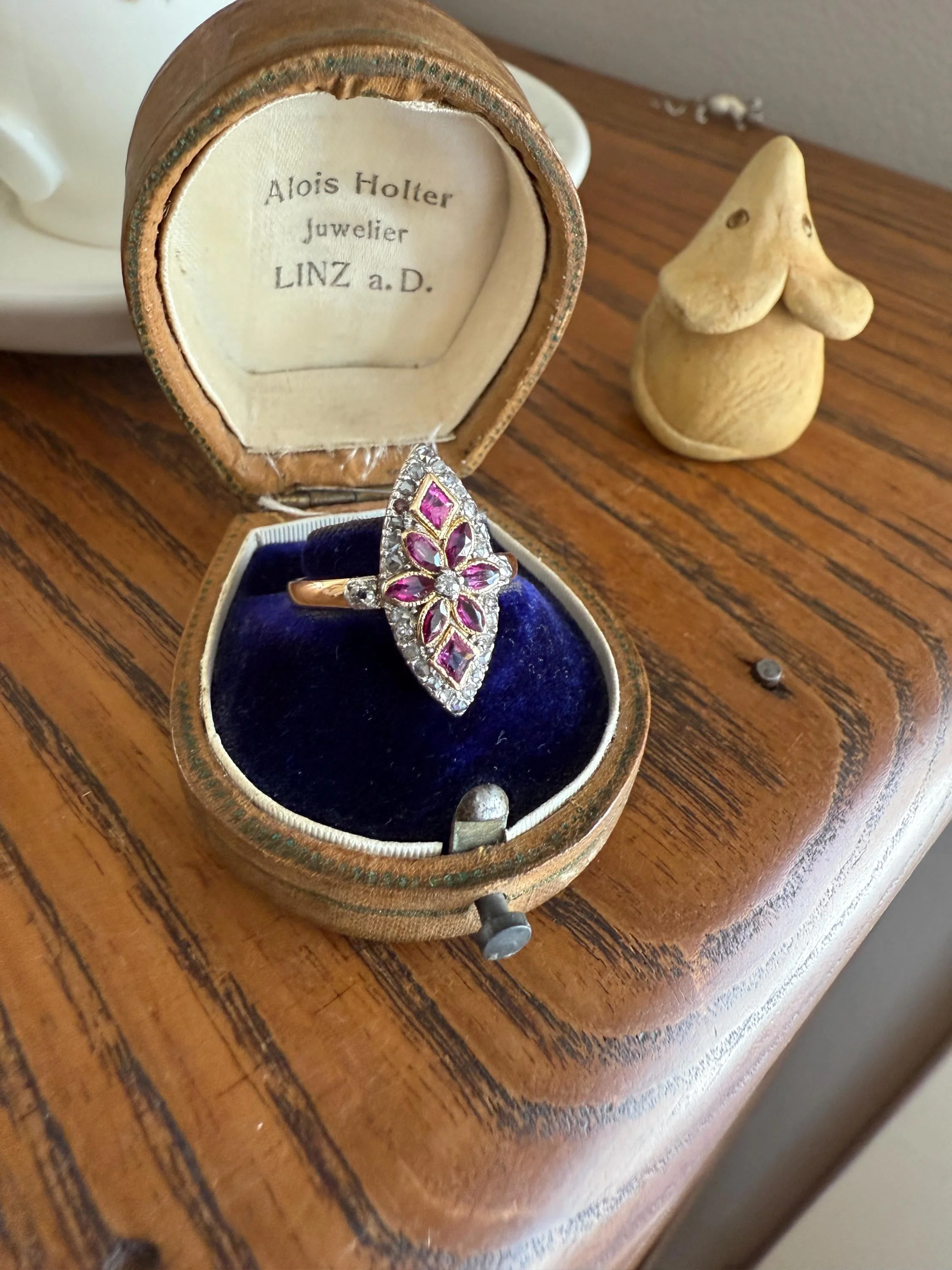 Floral Starburst Art NOUVEAU Antique FRENCH Rose Cut Diamond RUBY Sapphire Navette Ring 18k Gold PLATiNUM Belle Epoque Pink - Image 2