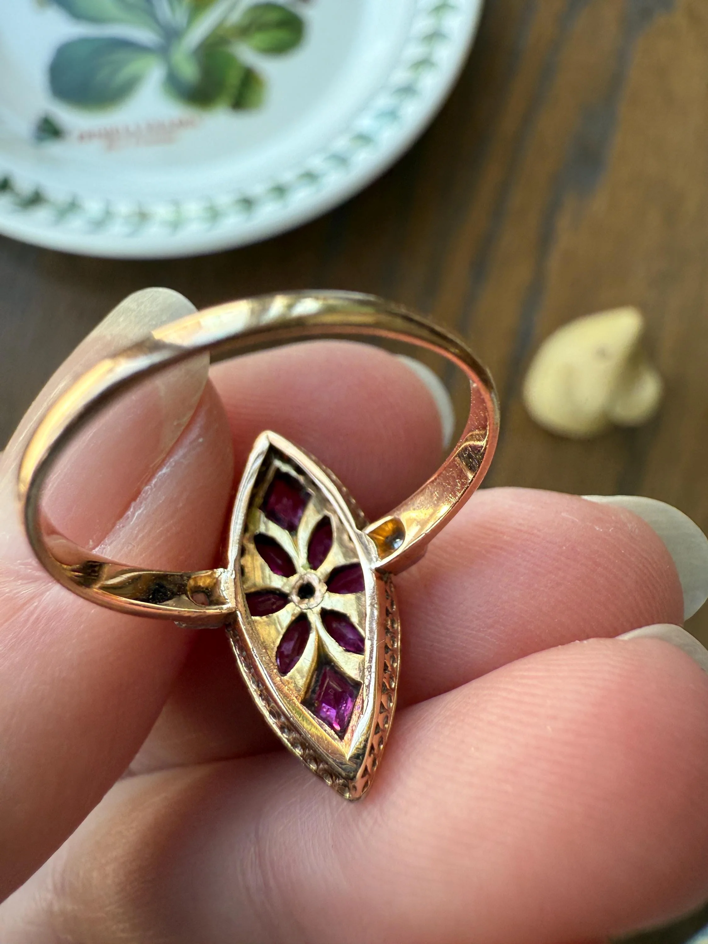 Floral Starburst Art NOUVEAU Antique FRENCH Rose Cut Diamond RUBY Sapphire Navette Ring 18k Gold PLATiNUM Belle Epoque Pink - Image 20
