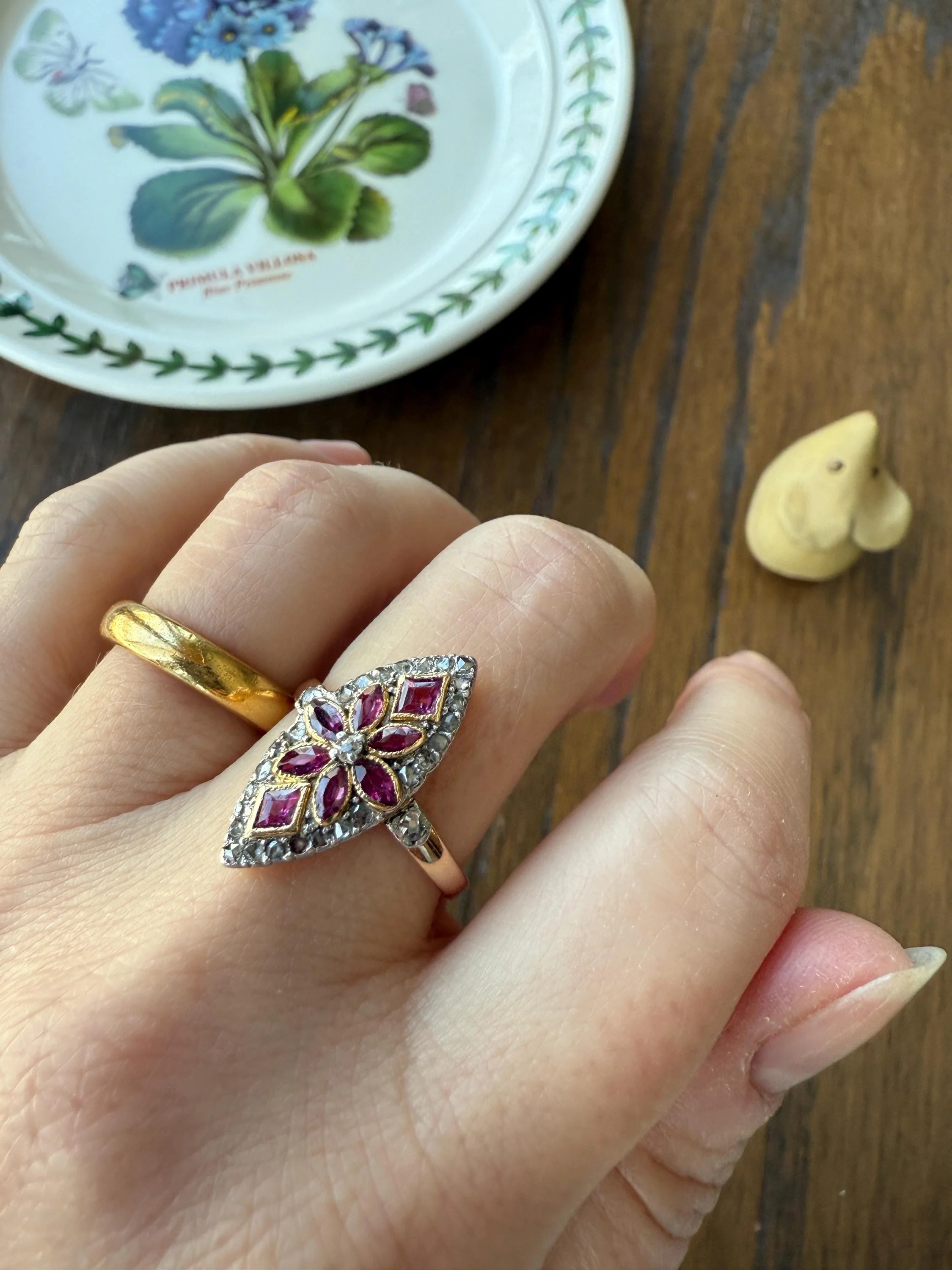 Floral Starburst Art NOUVEAU Antique FRENCH Rose Cut Diamond RUBY Sapphire Navette Ring 18k Gold PLATiNUM Belle Epoque Pink - Image 3