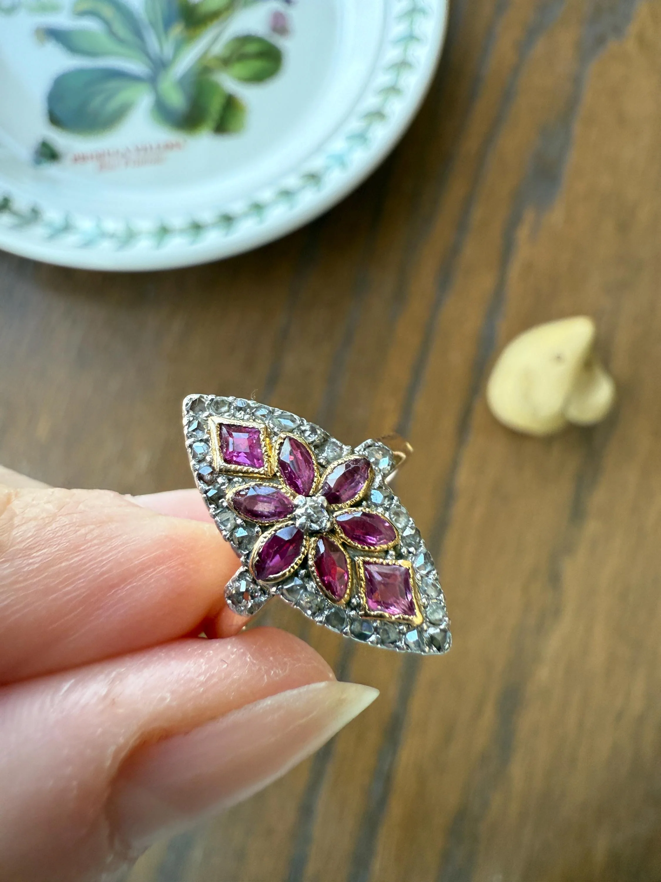 Floral Starburst Art NOUVEAU Antique FRENCH Rose Cut Diamond RUBY Sapphire Navette Ring 18k Gold PLATiNUM Belle Epoque Pink - Image 4