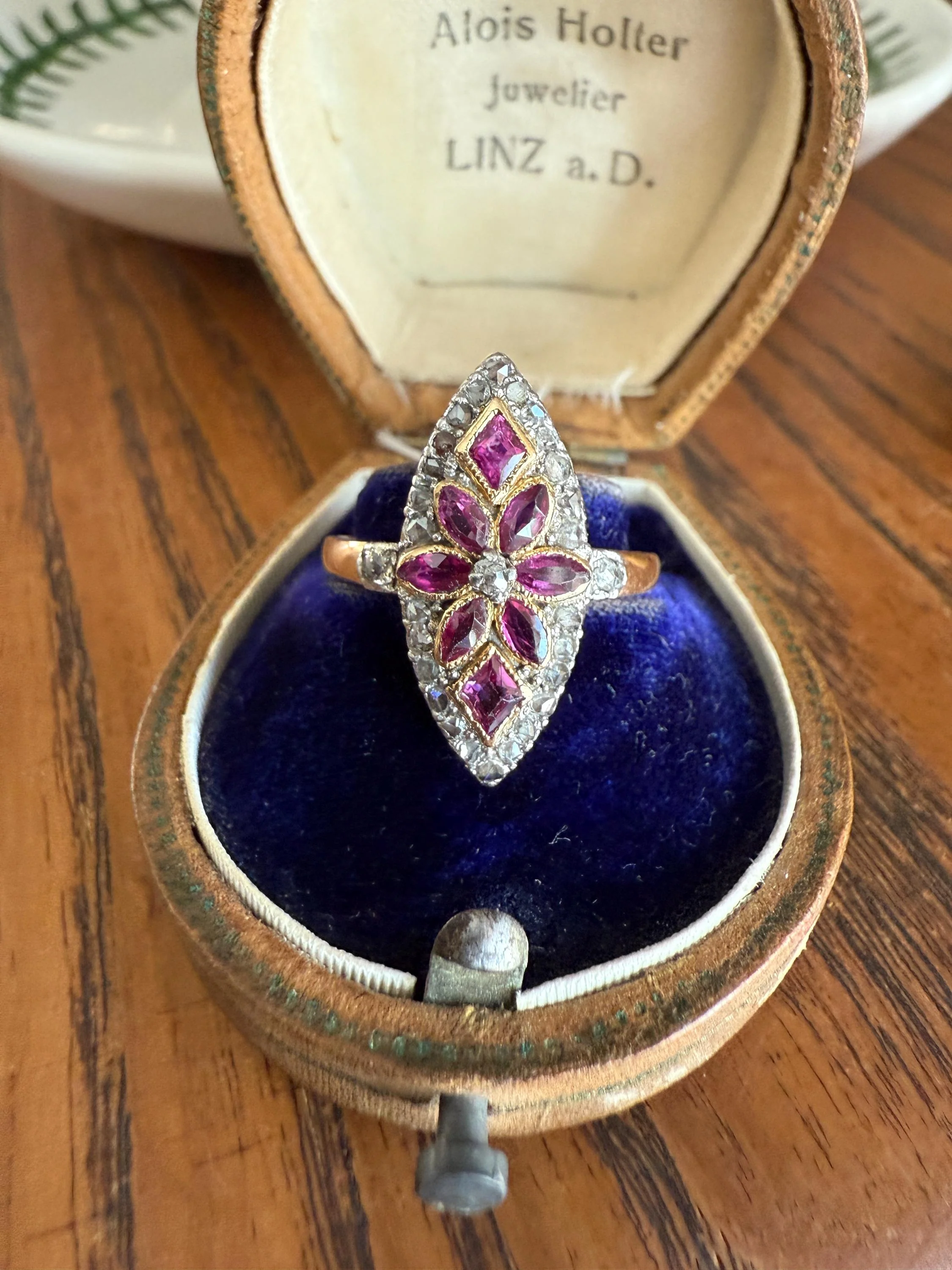 Floral Starburst Art NOUVEAU Antique FRENCH Rose Cut Diamond RUBY Sapphire Navette Ring 18k Gold PLATiNUM Belle Epoque Pink - Image 6