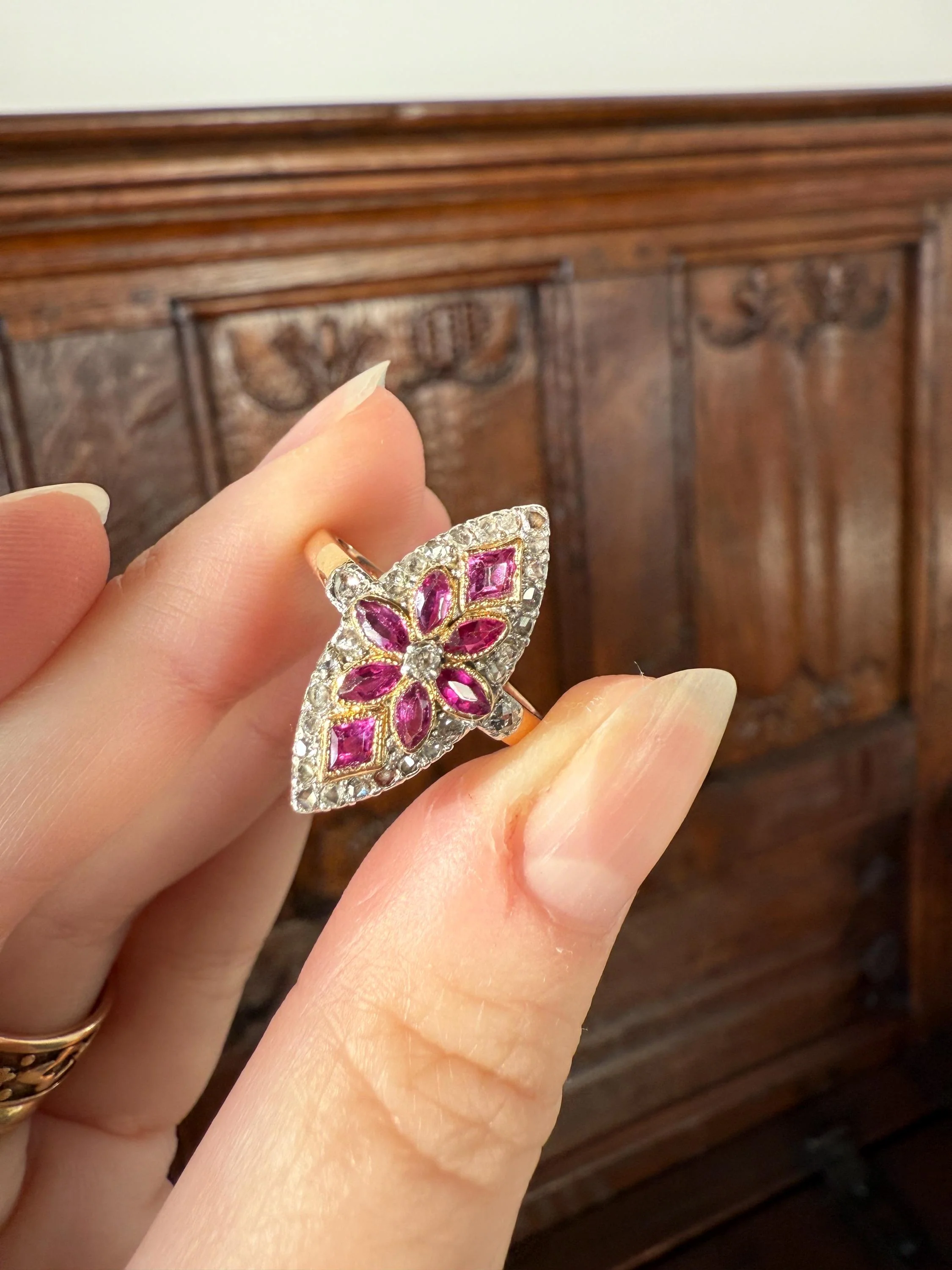 Floral Starburst Art NOUVEAU Antique FRENCH Rose Cut Diamond RUBY Sapphire Navette Ring 18k Gold PLATiNUM Belle Epoque Pink - Image 7