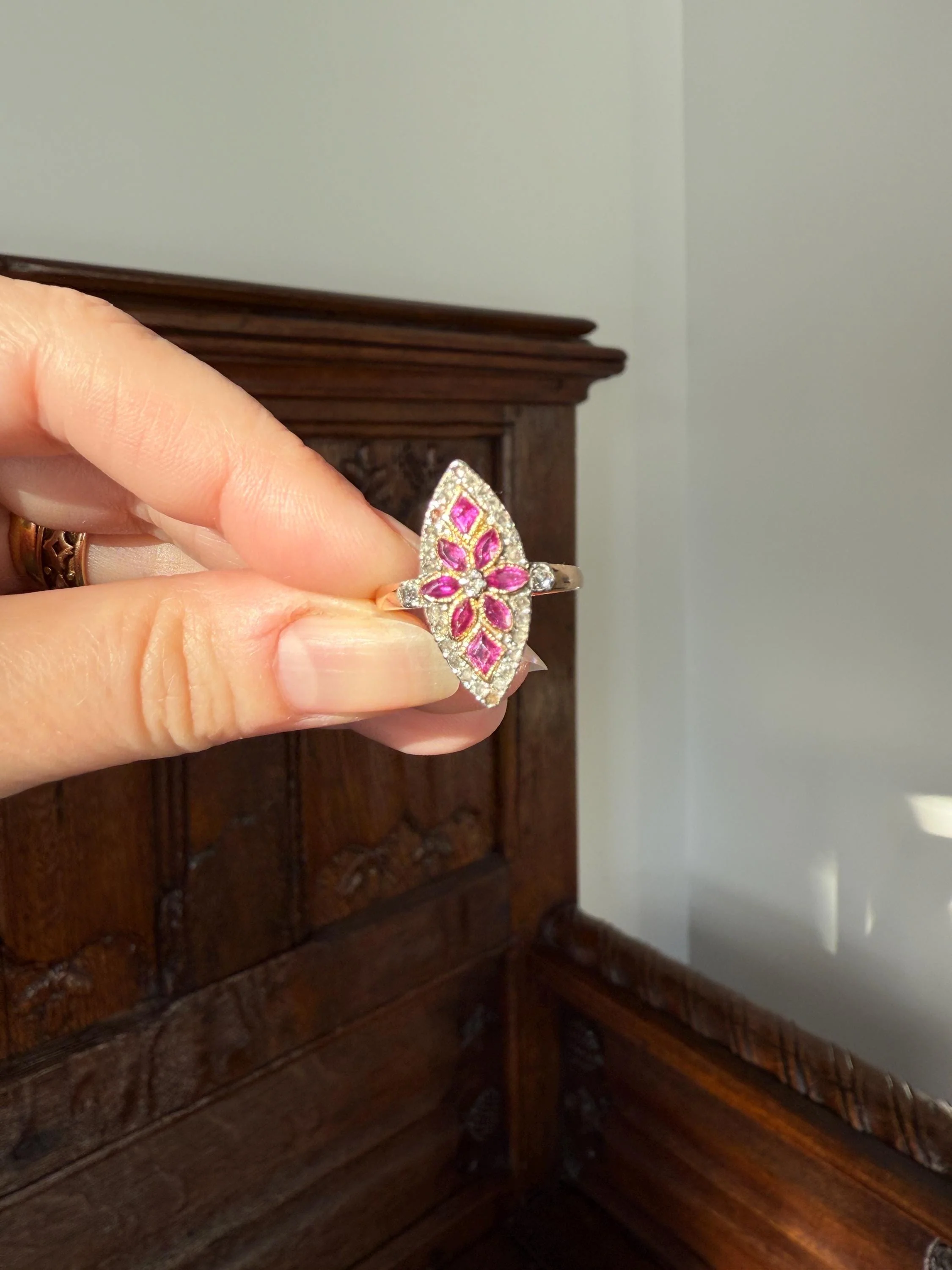 Floral Starburst Art NOUVEAU Antique FRENCH Rose Cut Diamond RUBY Sapphire Navette Ring 18k Gold PLATiNUM Belle Epoque Pink - Image 8