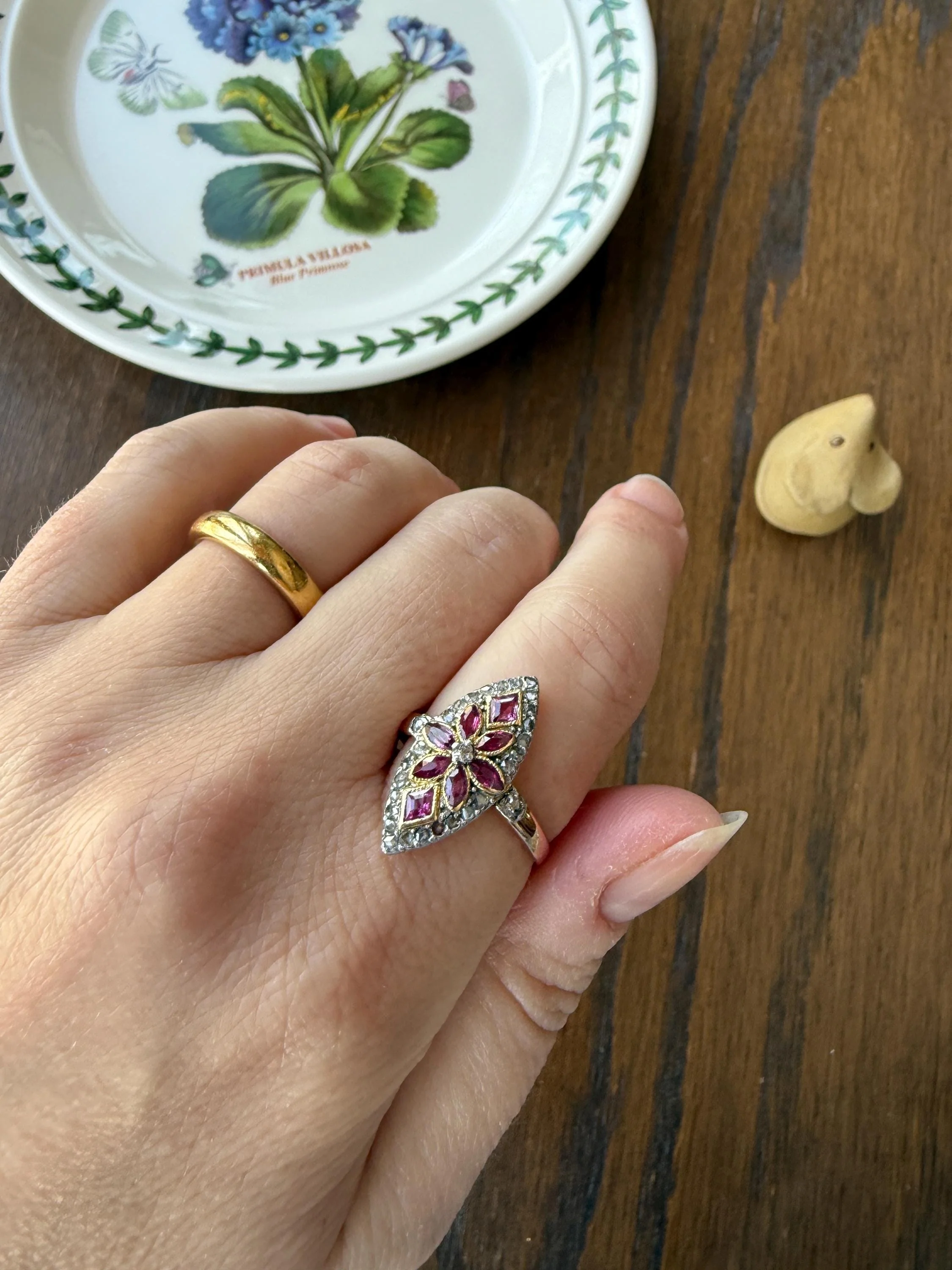Floral Starburst Art NOUVEAU Antique FRENCH Rose Cut Diamond RUBY Sapphire Navette Ring 18k Gold PLATiNUM Belle Epoque Pink - Image 9
