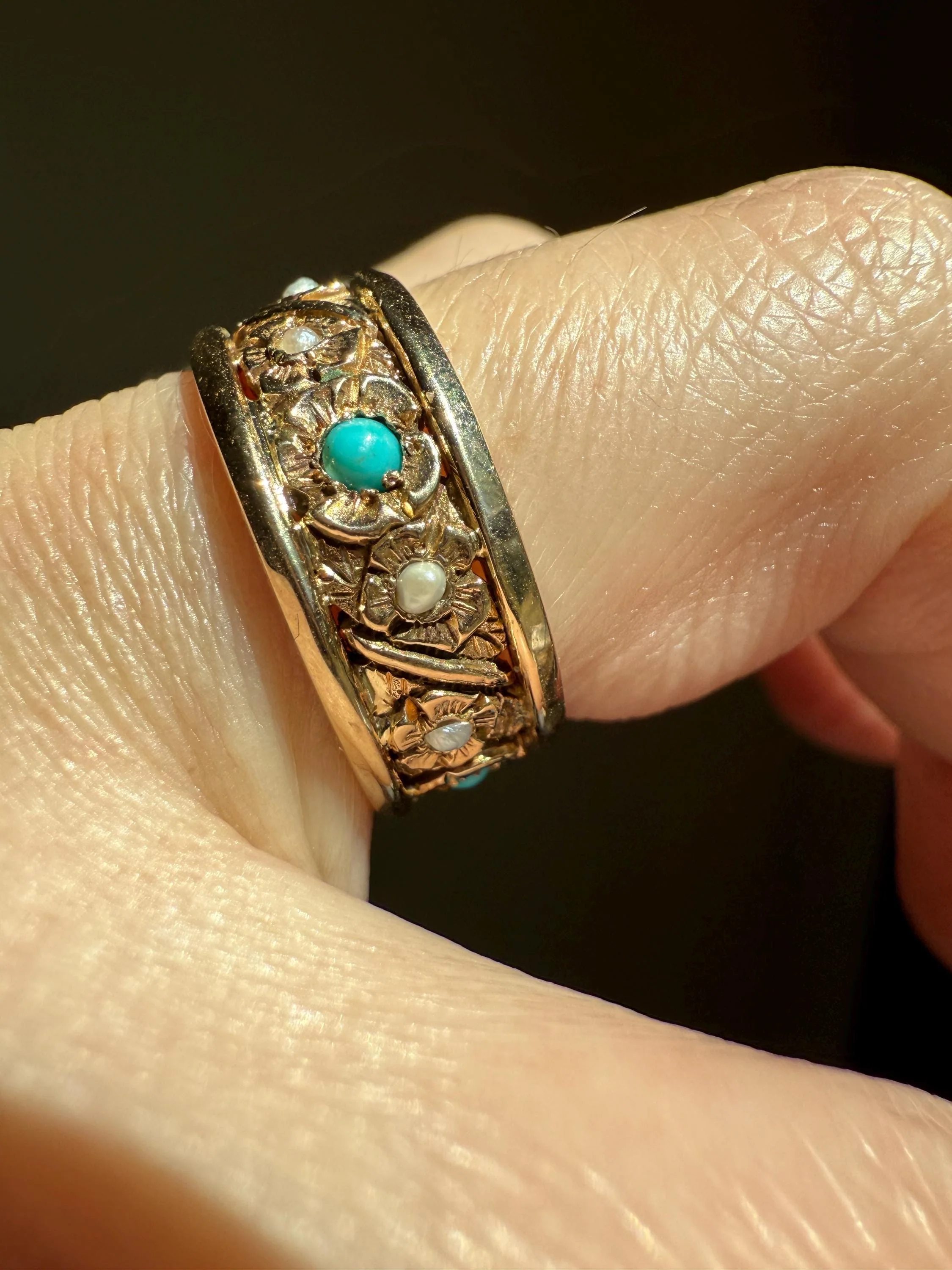 FLORAL Vintage to Art Deco Pearl Turquoise Chunky 7.5mm Wide Band Eternity Ring 6.4g 14k Gold Ornate Detailed Flower Stacker - Image 2