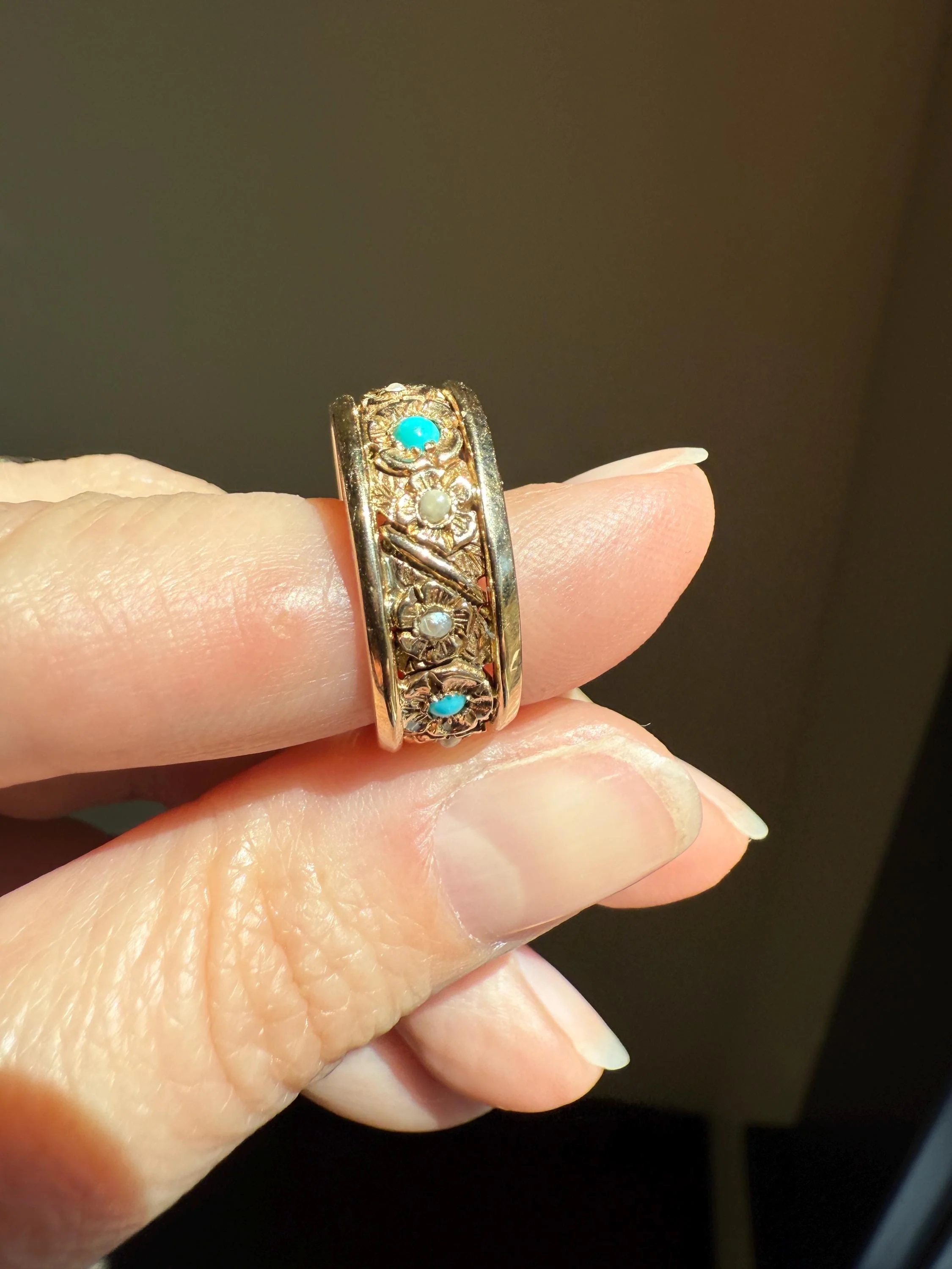 FLORAL Vintage to Art Deco Pearl Turquoise Chunky 7.5mm Wide Band Eternity Ring 6.4g 14k Gold Ornate Detailed Flower Stacker - Image 7