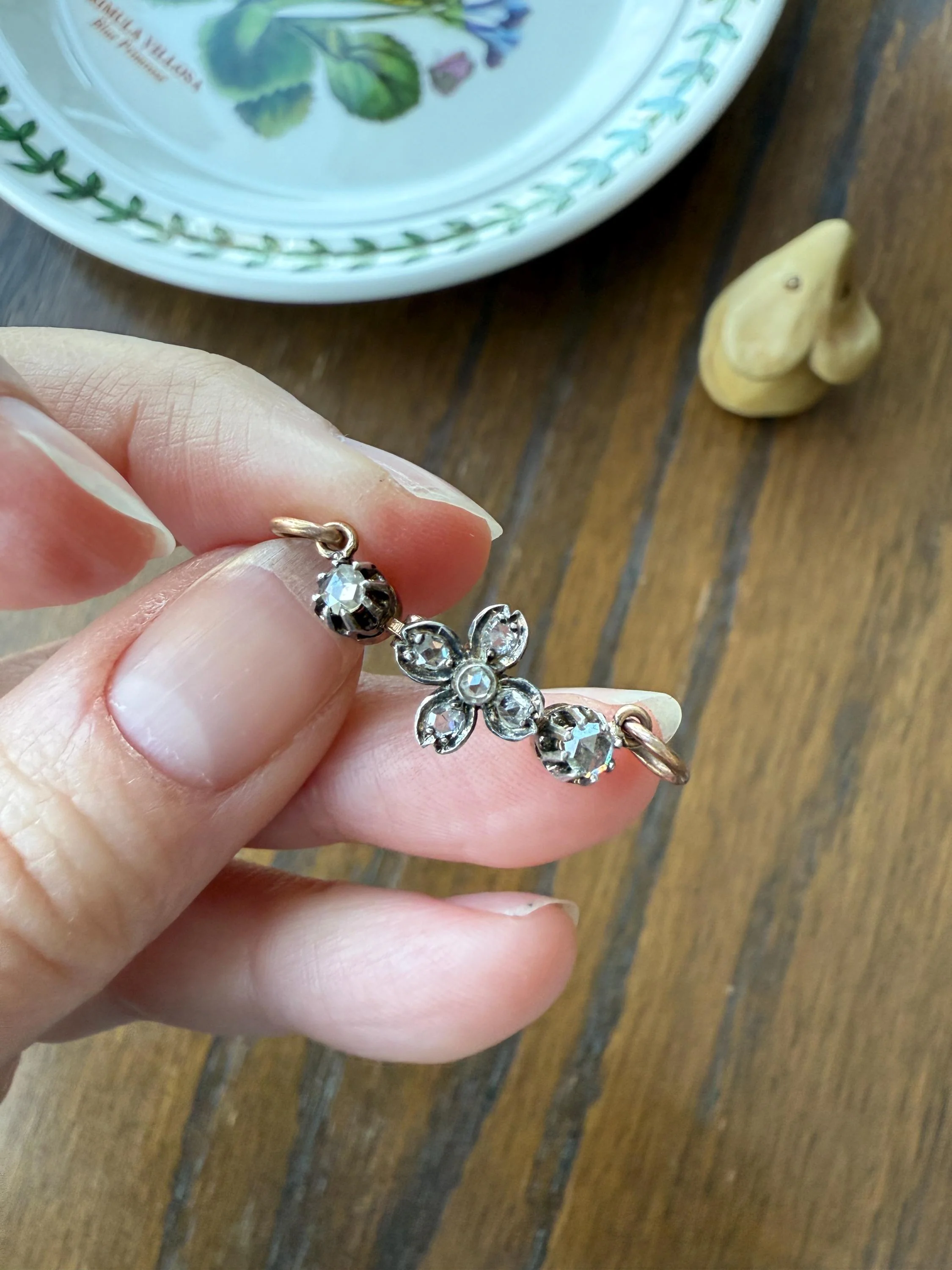 FLOWER Antique Rose Cut Diamond Hinged Pendant Forget Me Not Extender Connector Floral Sparkle Encrusted Figural Victorian Parts Findings - Image 11