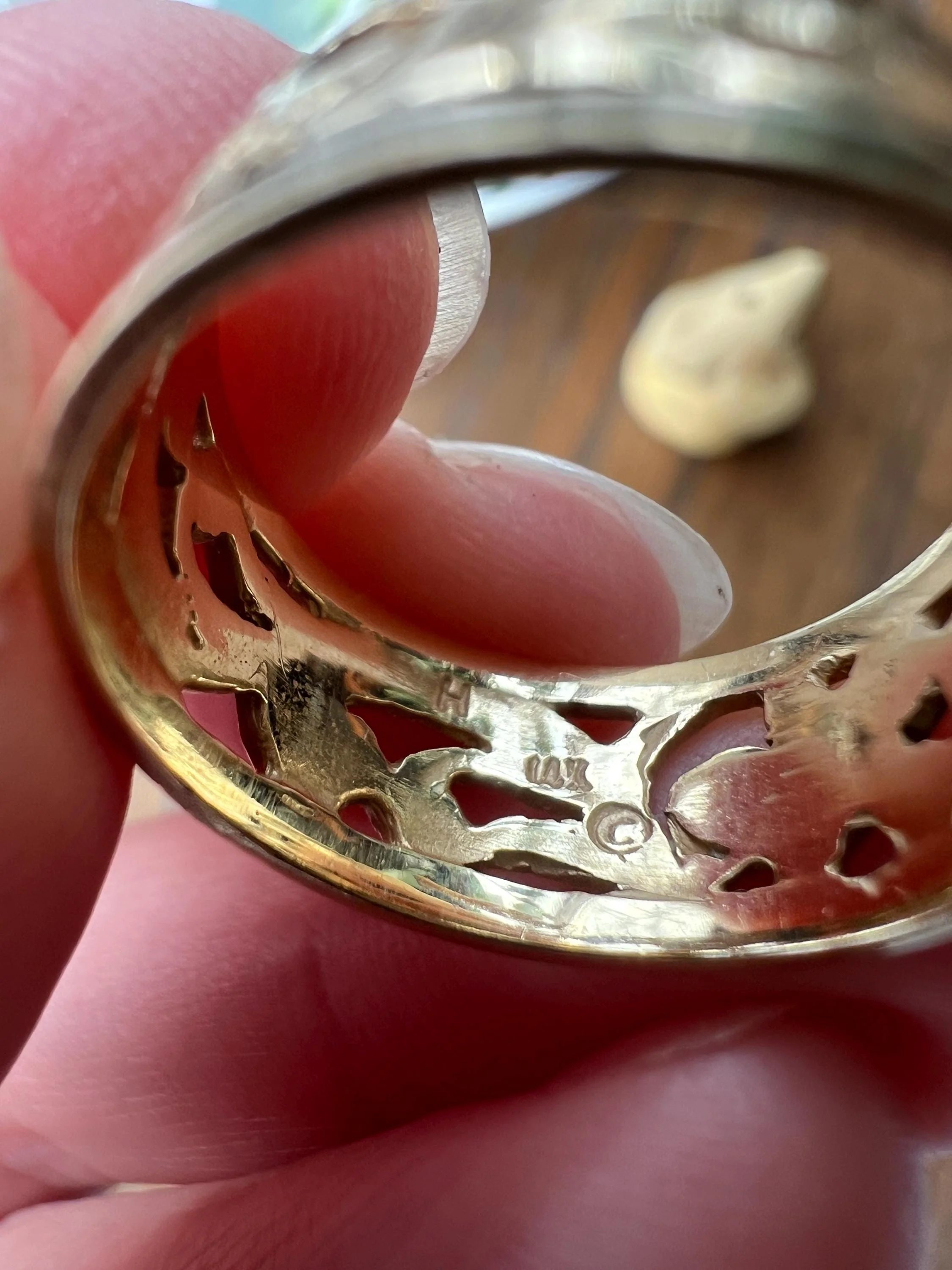 FORGET Me NOT Antique Orange Blossom Swirl Black Enamel Floral Cigar Band Eternity Ring 8.3mm Wide 14k Gold - Image 10