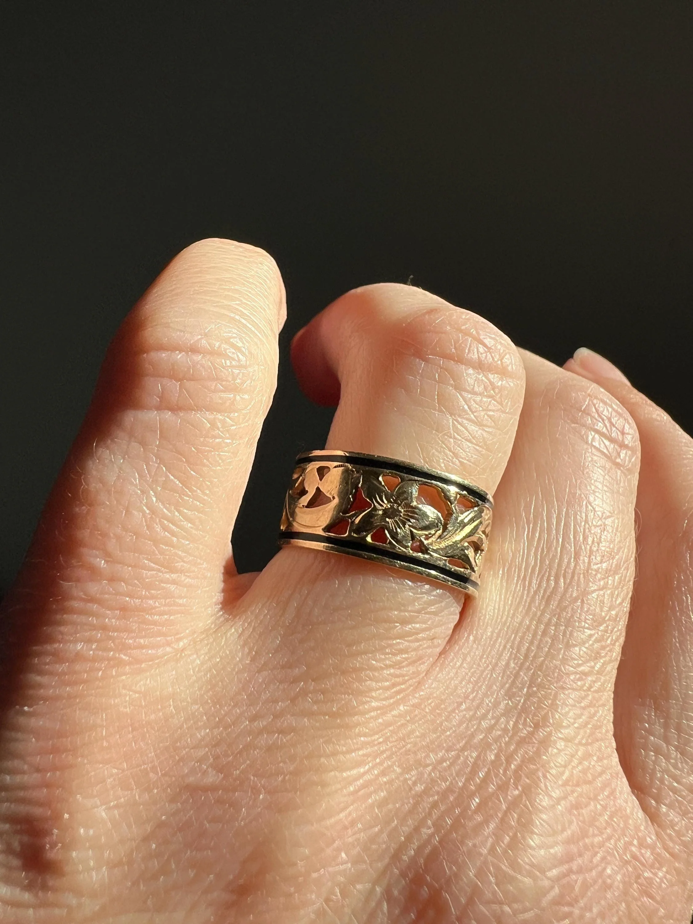 FORGET Me NOT Antique Orange Blossom Swirl Black Enamel Floral Cigar Band Eternity Ring 8.3mm Wide 14k Gold - Image 11