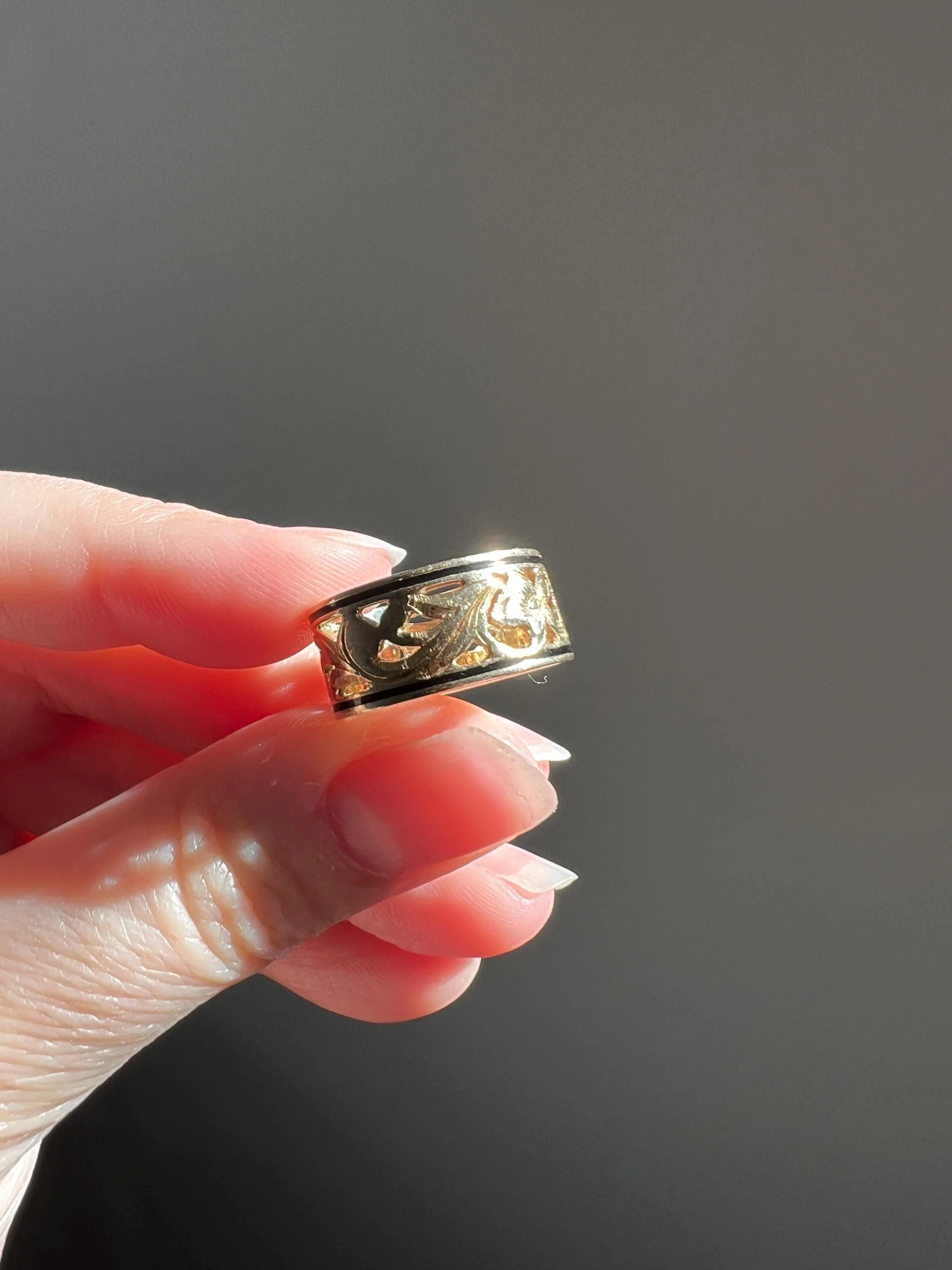 FORGET Me NOT Antique Orange Blossom Swirl Black Enamel Floral Cigar Band Eternity Ring 8.3mm Wide 14k Gold - Image 2