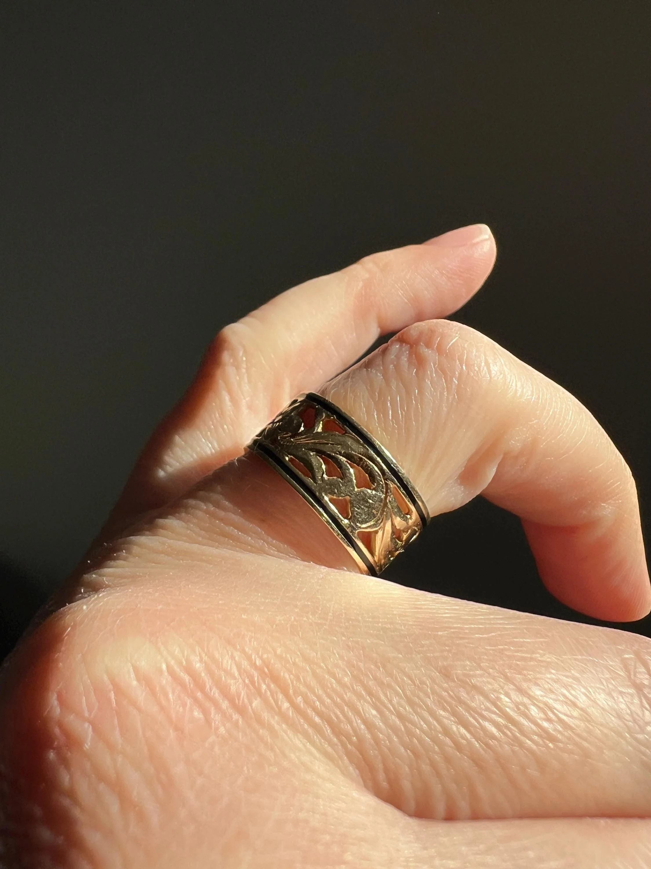 FORGET Me NOT Antique Orange Blossom Swirl Black Enamel Floral Cigar Band Eternity Ring 8.3mm Wide 14k Gold - Image 4