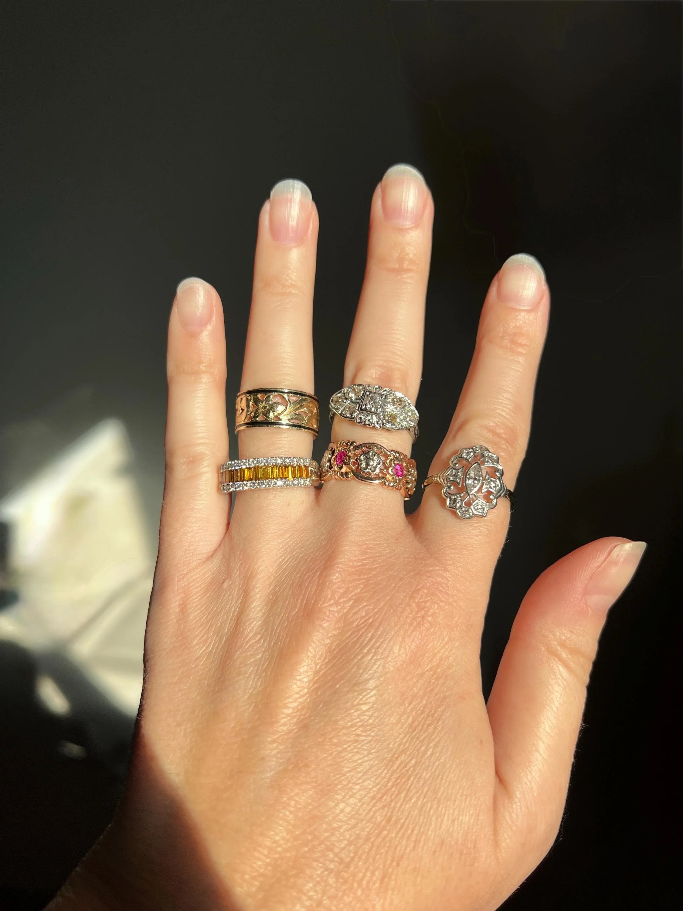 FORGET Me NOT Antique Orange Blossom Swirl Black Enamel Floral Cigar Band Eternity Ring 8.3mm Wide 14k Gold - Image 8