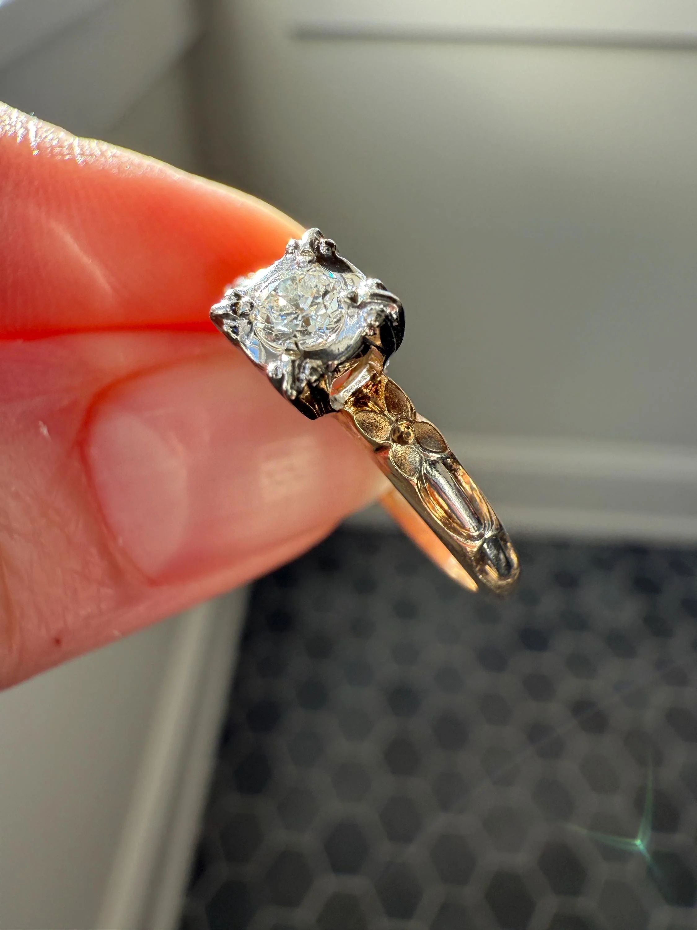 FORGET Me NOT Floral Sweetie Antique Old European Cut Diamond Solitaire Engagement Wedding Ring Stacker Band 14k Gold JR Wood Art Deco - Image 3