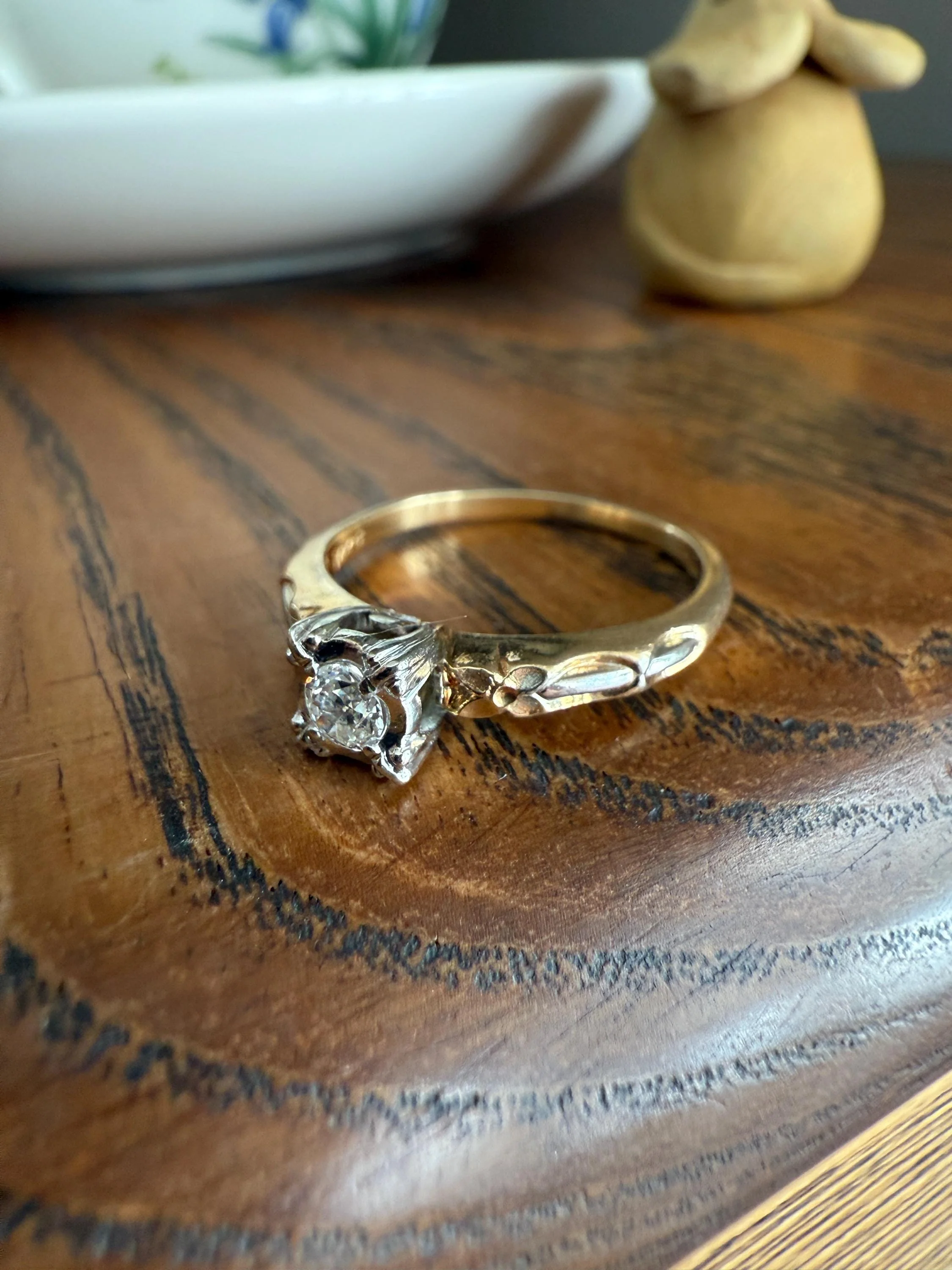 FORGET Me NOT Floral Sweetie Antique Old European Cut Diamond Solitaire Engagement Wedding Ring Stacker Band 14k Gold JR Wood Art Deco - Image 4