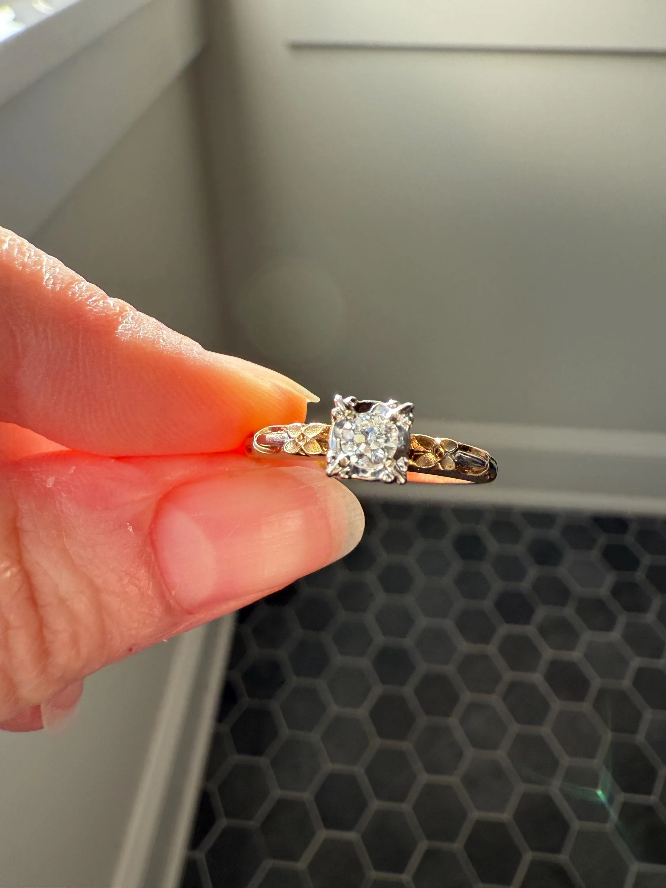 FORGET Me NOT Floral Sweetie Antique Old European Cut Diamond Solitaire Engagement Wedding Ring Stacker Band 14k Gold JR Wood Art Deco - Image 8