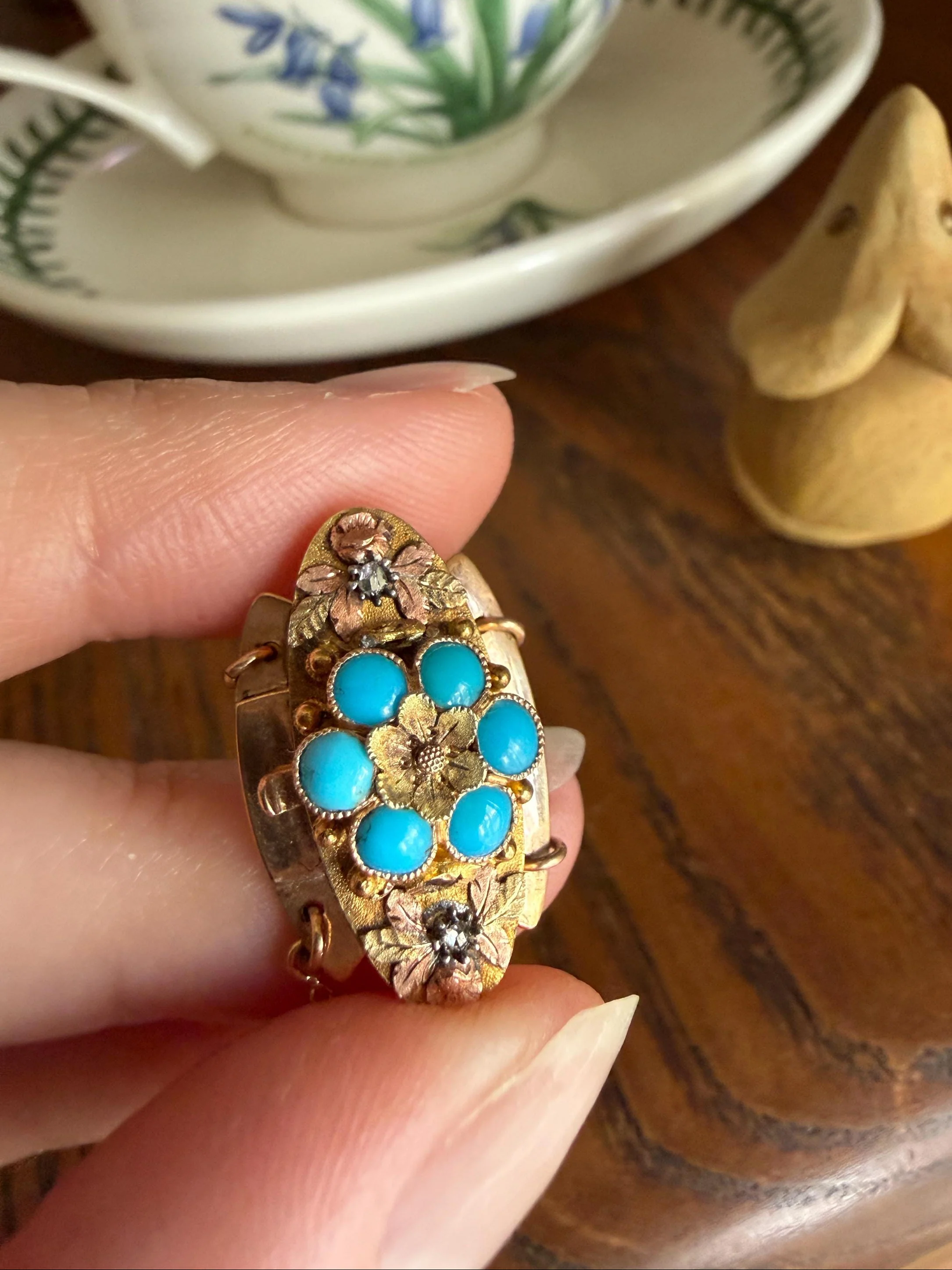 FORGET Me NOT Turquoise Antique 18k Tricolor GOLD Diamond Floral Clasp Pendant Salvaged Jewelry Finding Extender Connector Necklace Bracelet