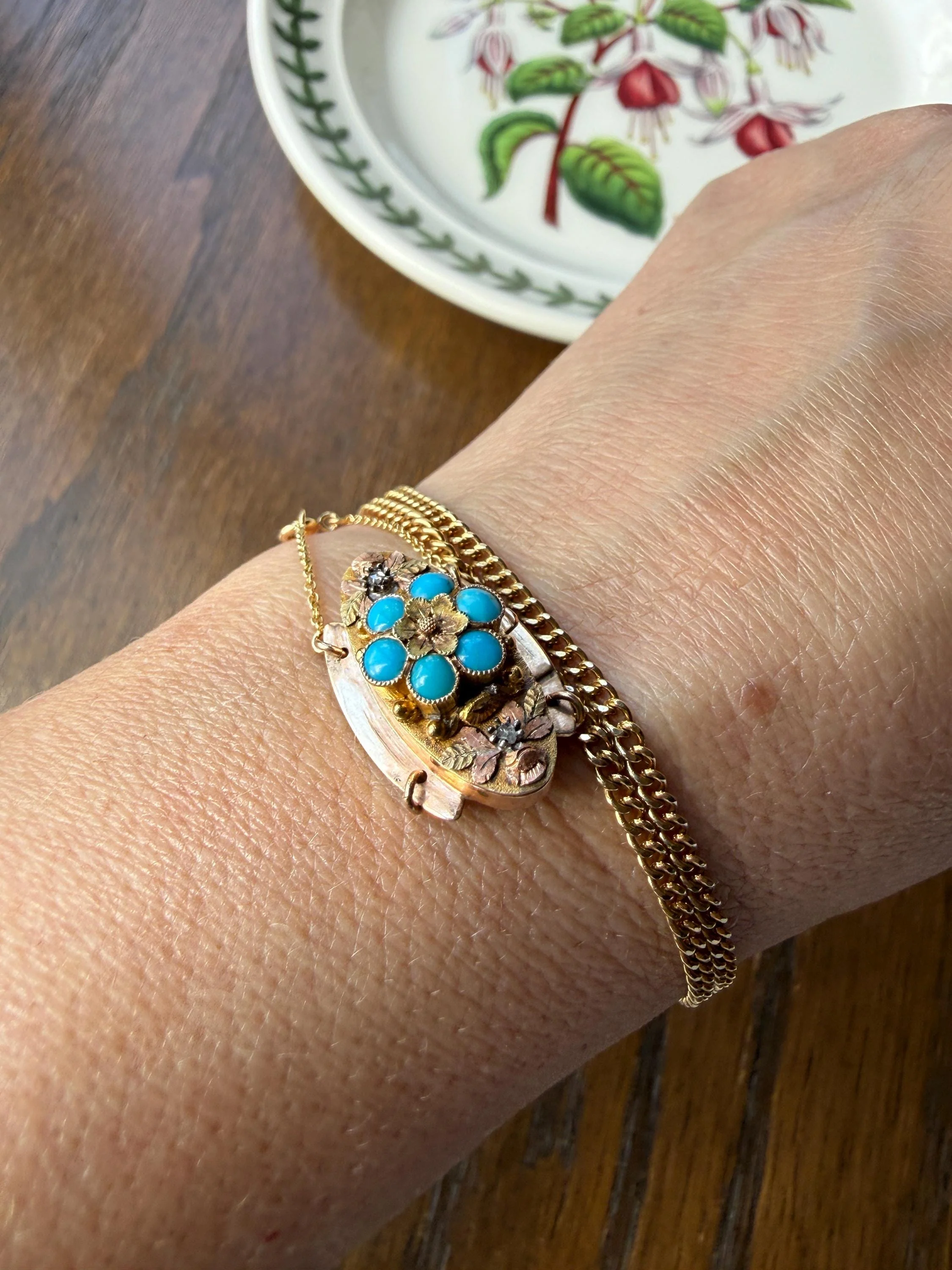 FORGET Me NOT Turquoise Antique 18k Tricolor GOLD Diamond Floral Clasp Pendant Salvaged Jewelry Finding Extender Connector Necklace Bracelet - Image 11