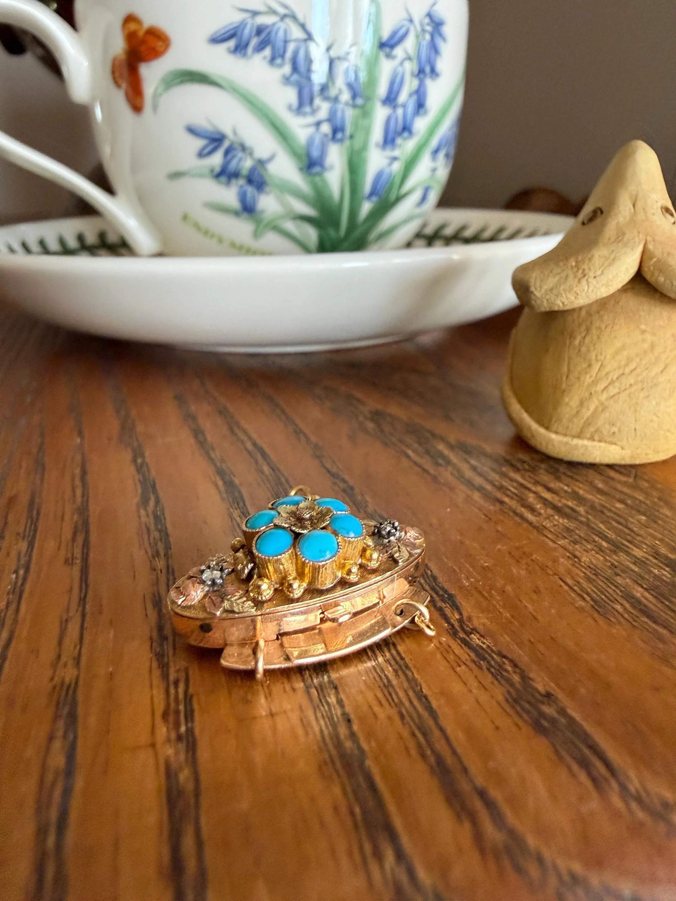 FORGET Me NOT Turquoise Antique 18k Tricolor GOLD Diamond Floral Clasp Pendant Salvaged Jewelry Finding Extender Connector Necklace Bracelet - Image 2