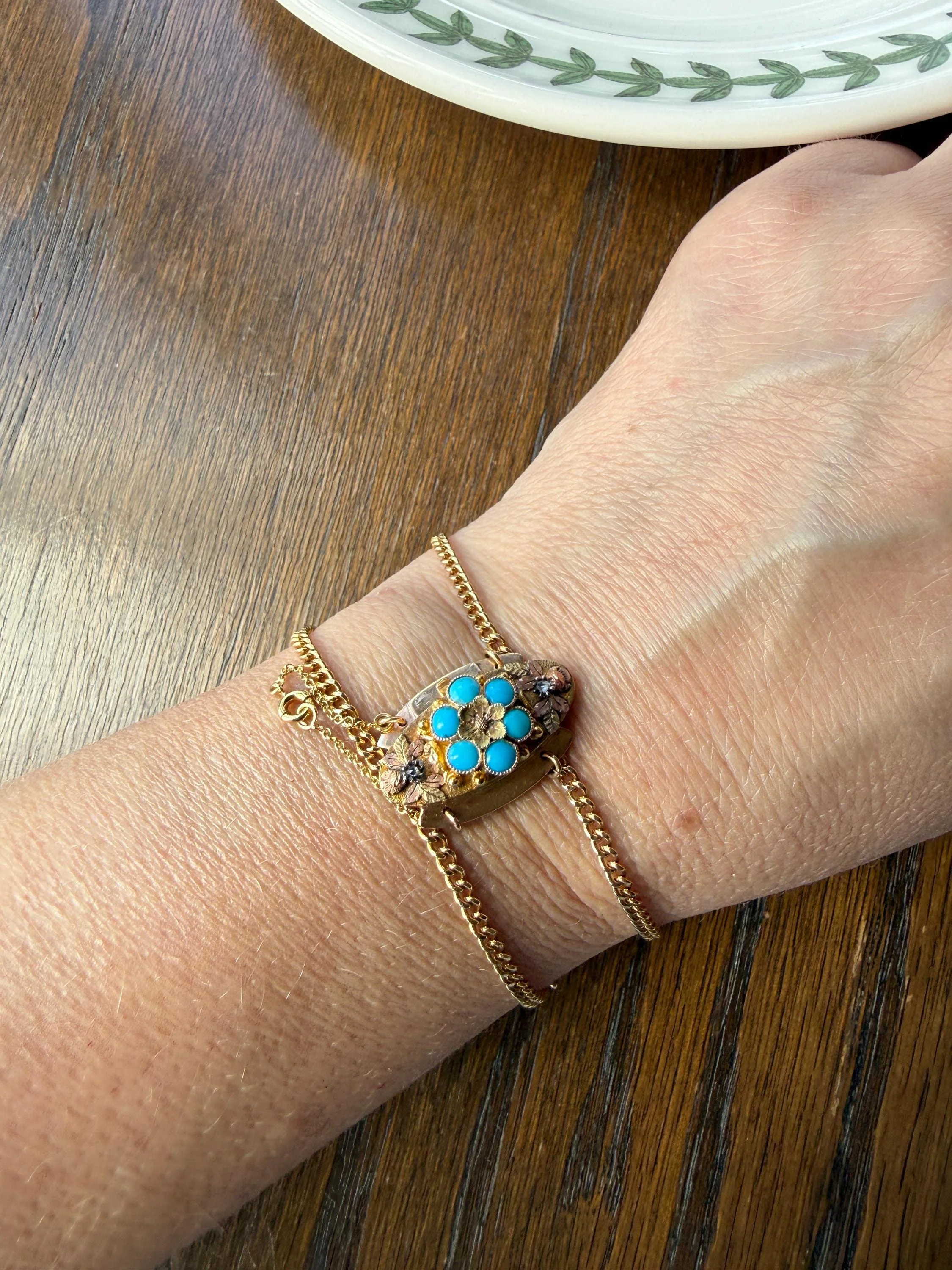 FORGET Me NOT Turquoise Antique 18k Tricolor GOLD Diamond Floral Clasp Pendant Salvaged Jewelry Finding Extender Connector Necklace Bracelet - Image 3