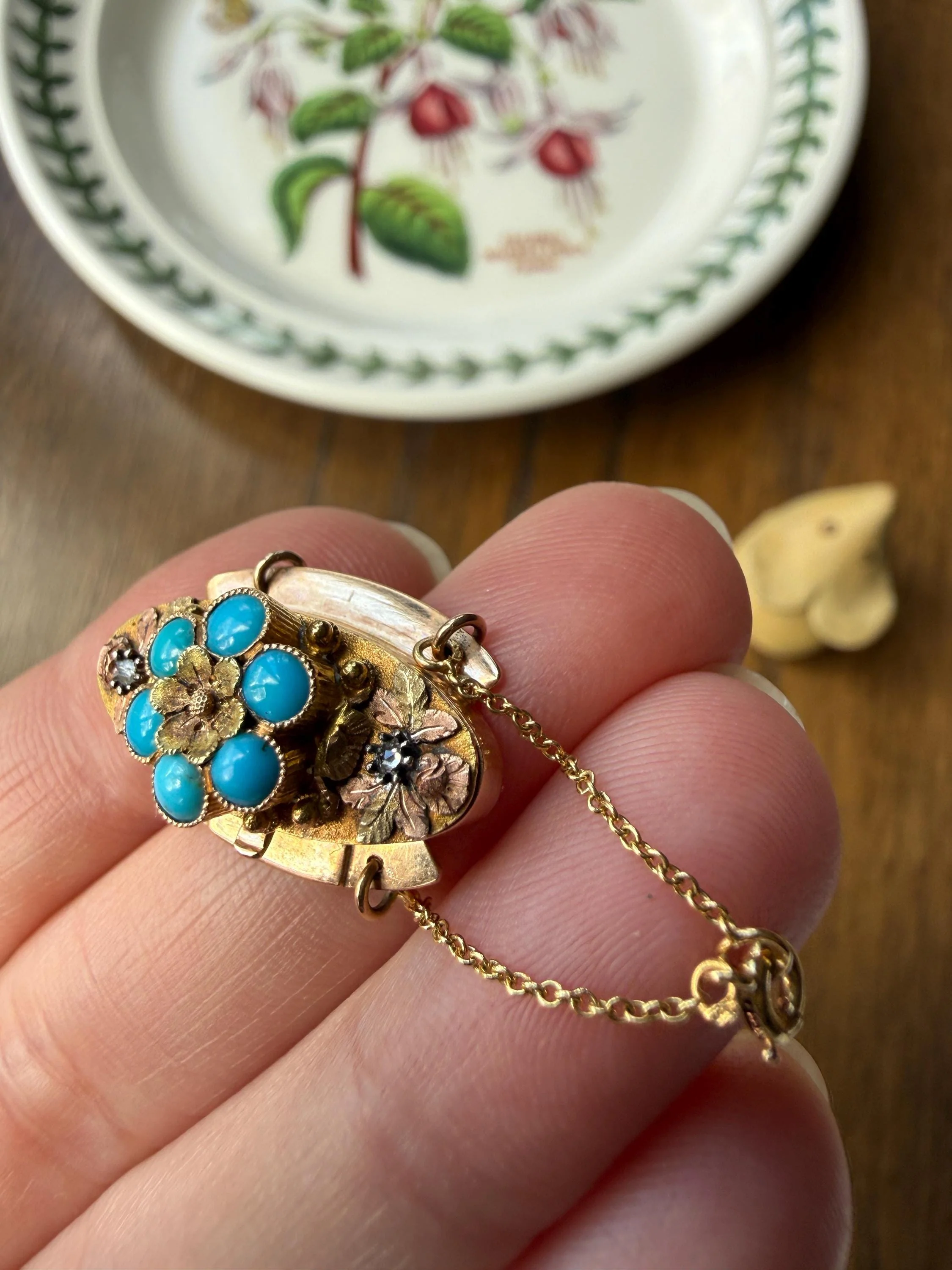 FORGET Me NOT Turquoise Antique 18k Tricolor GOLD Diamond Floral Clasp Pendant Salvaged Jewelry Finding Extender Connector Necklace Bracelet - Image 6