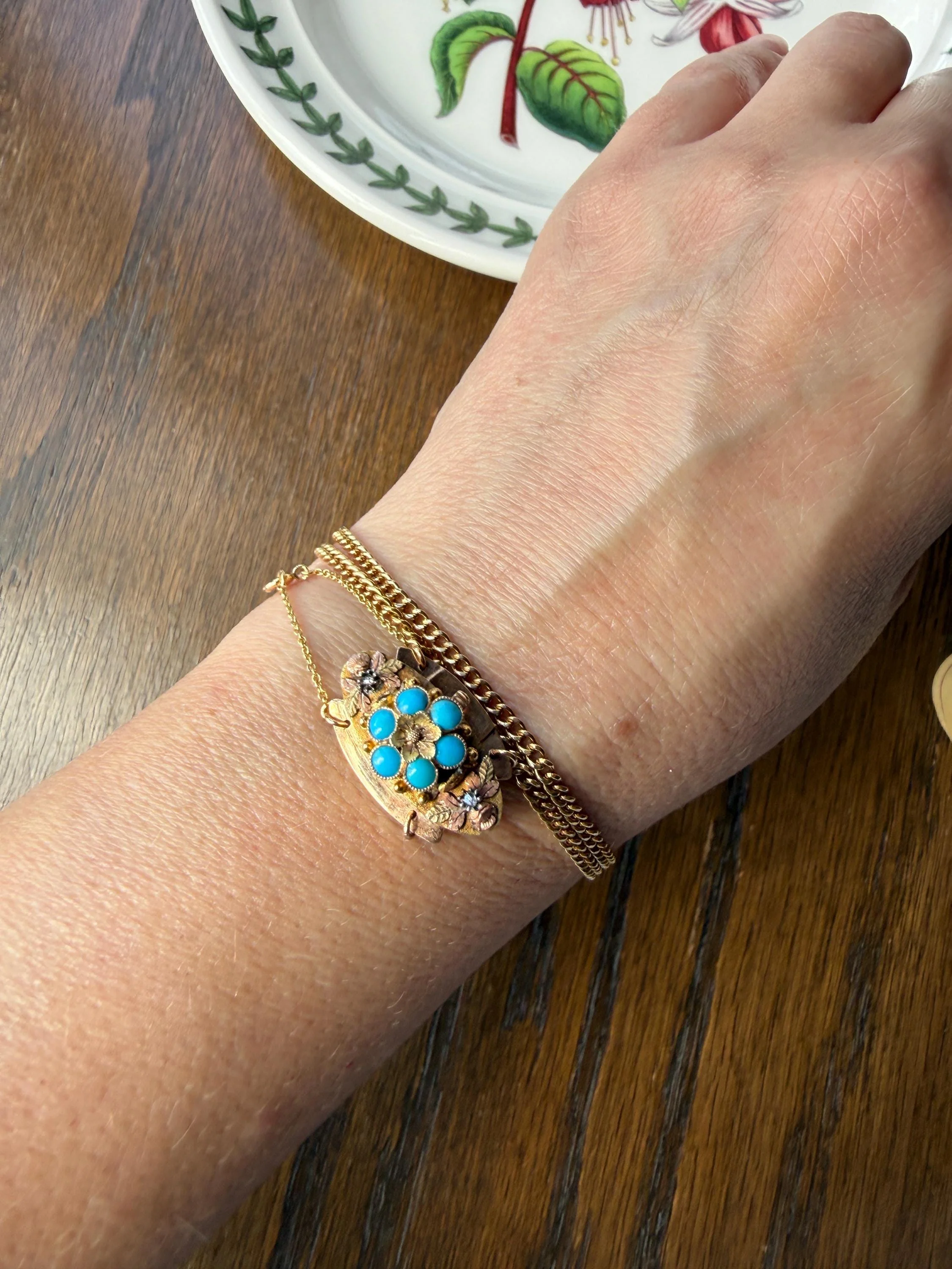 FORGET Me NOT Turquoise Antique 18k Tricolor GOLD Diamond Floral Clasp Pendant Salvaged Jewelry Finding Extender Connector Necklace Bracelet - Image 7