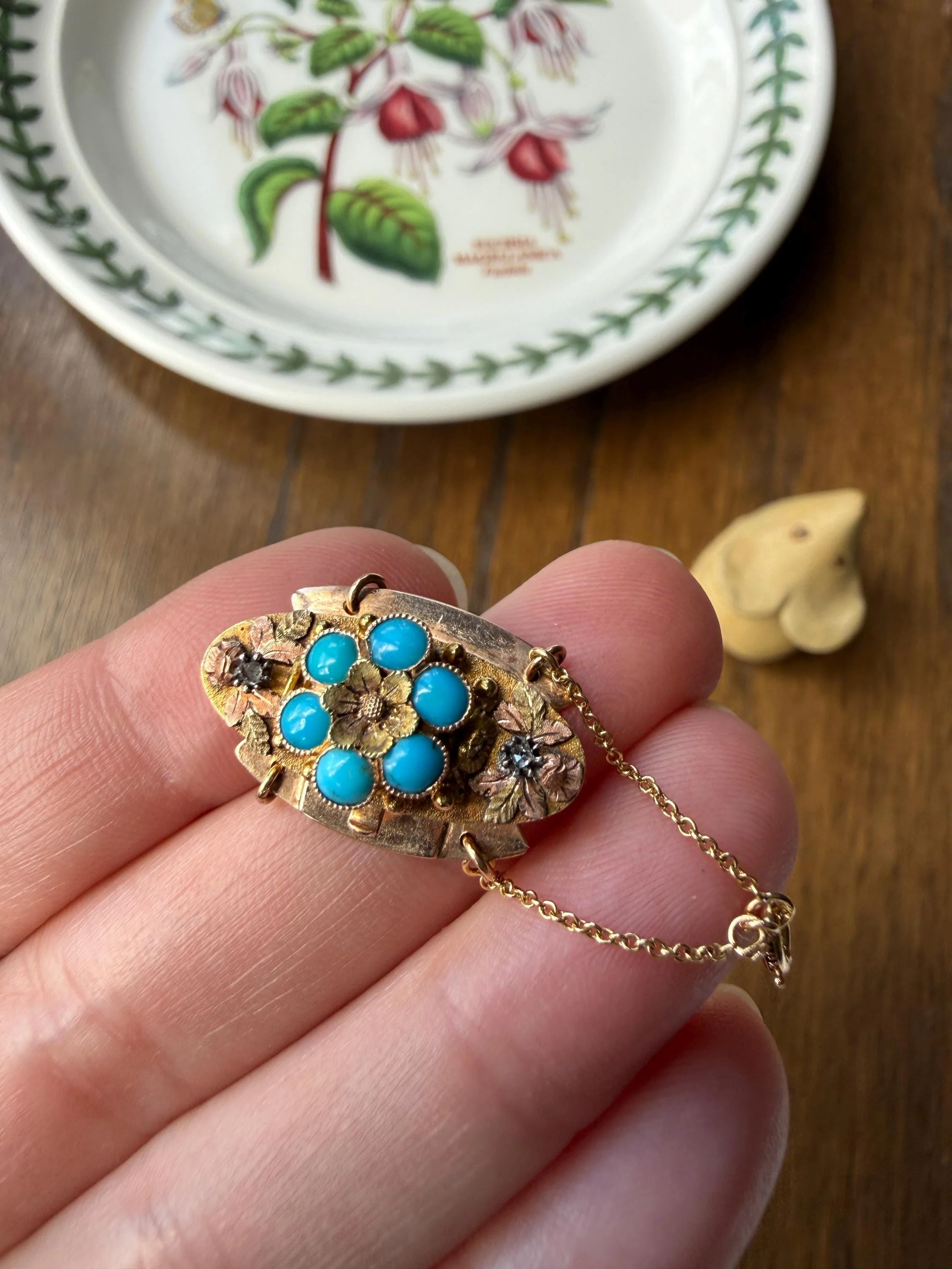 FORGET Me NOT Turquoise Antique 18k Tricolor GOLD Diamond Floral Clasp Pendant Salvaged Jewelry Finding Extender Connector Necklace Bracelet - Image 8