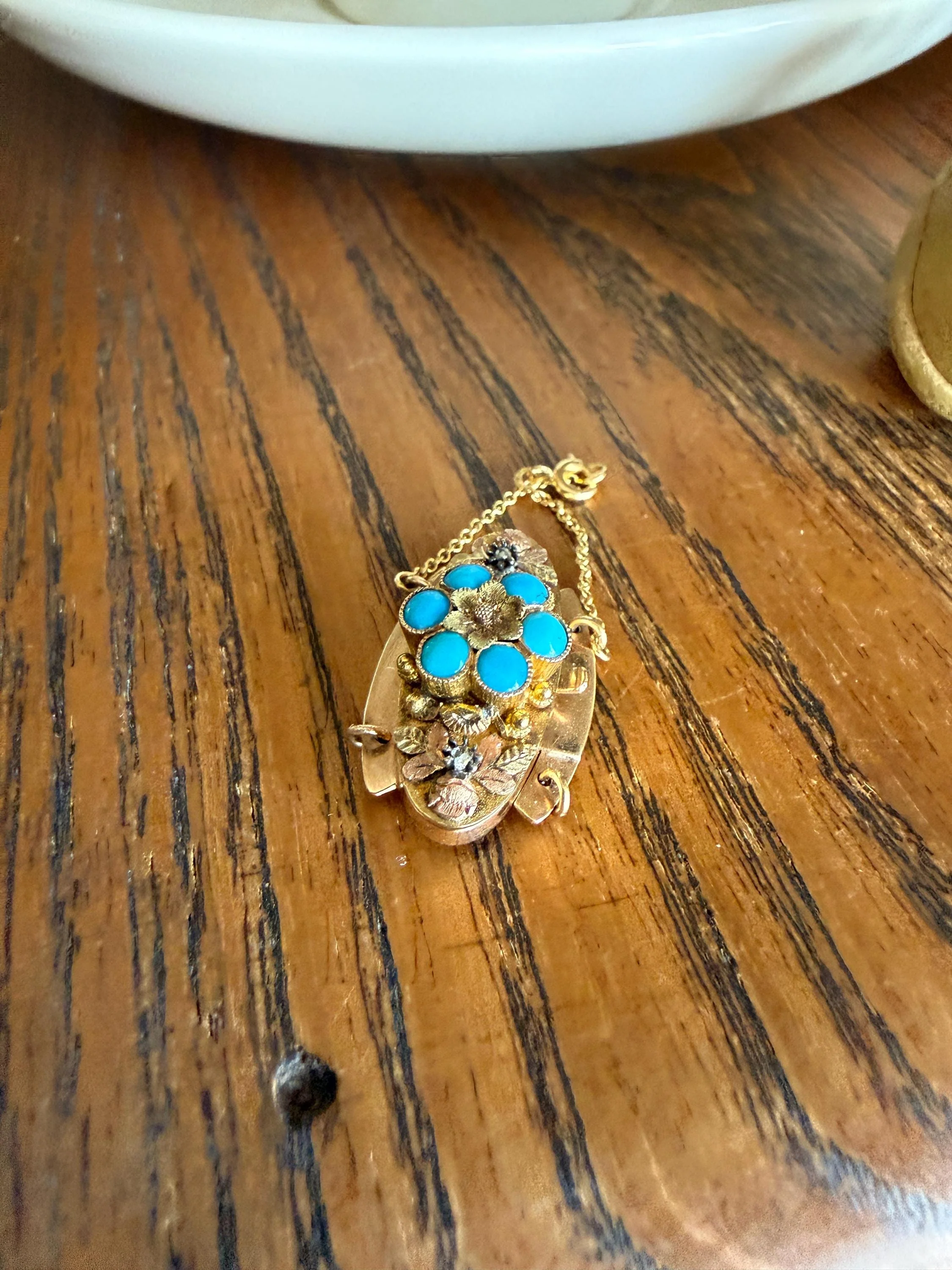 FORGET Me NOT Turquoise Antique 18k Tricolor GOLD Diamond Floral Clasp Pendant Salvaged Jewelry Finding Extender Connector Necklace Bracelet - Image 9
