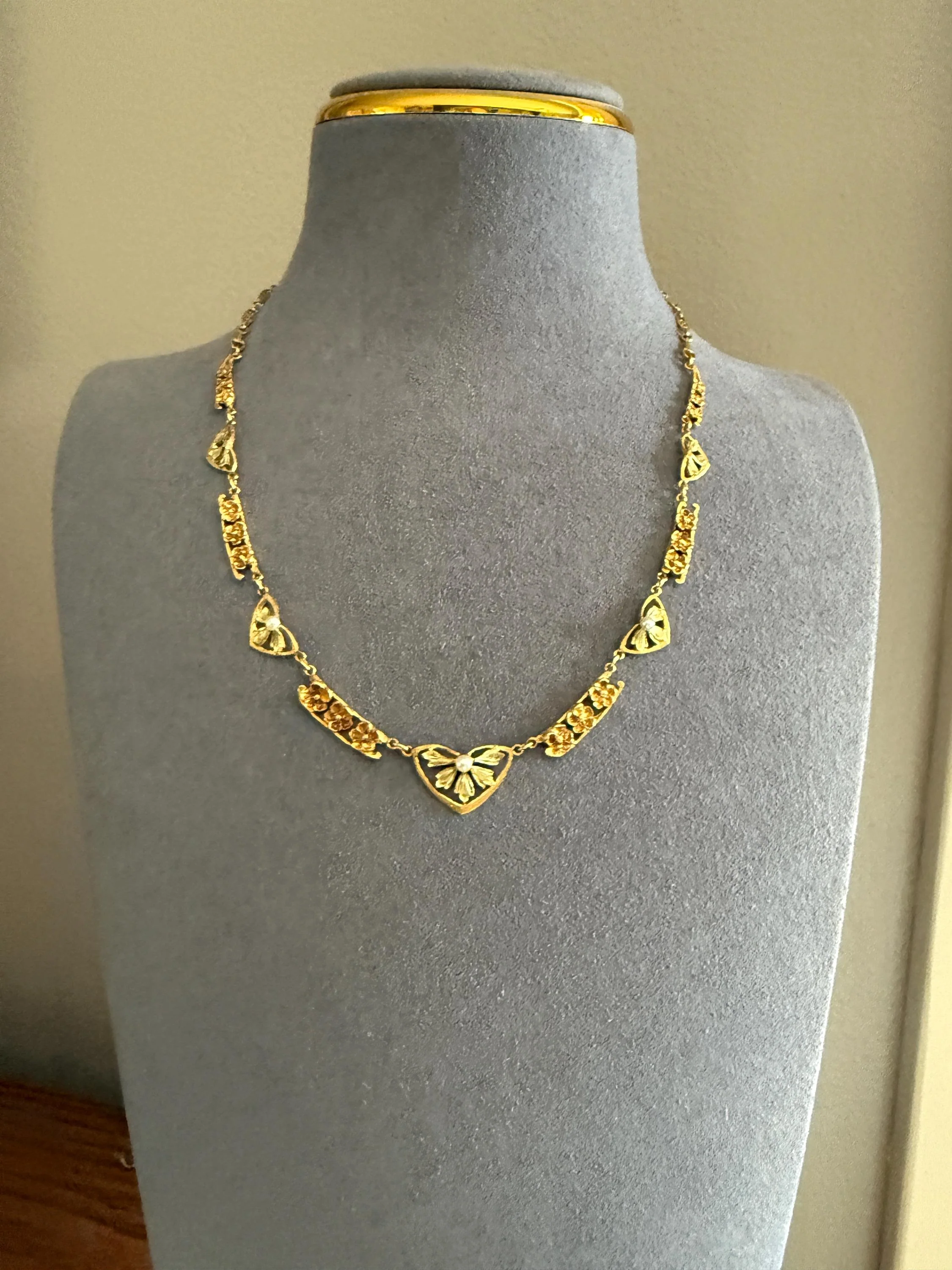 FORGET ME NOTS French Art Nouveau Antique 18k Gold Green Leaf Pearl Floral Necklace Drapery Chain Collar Flower Pendants - Image 3