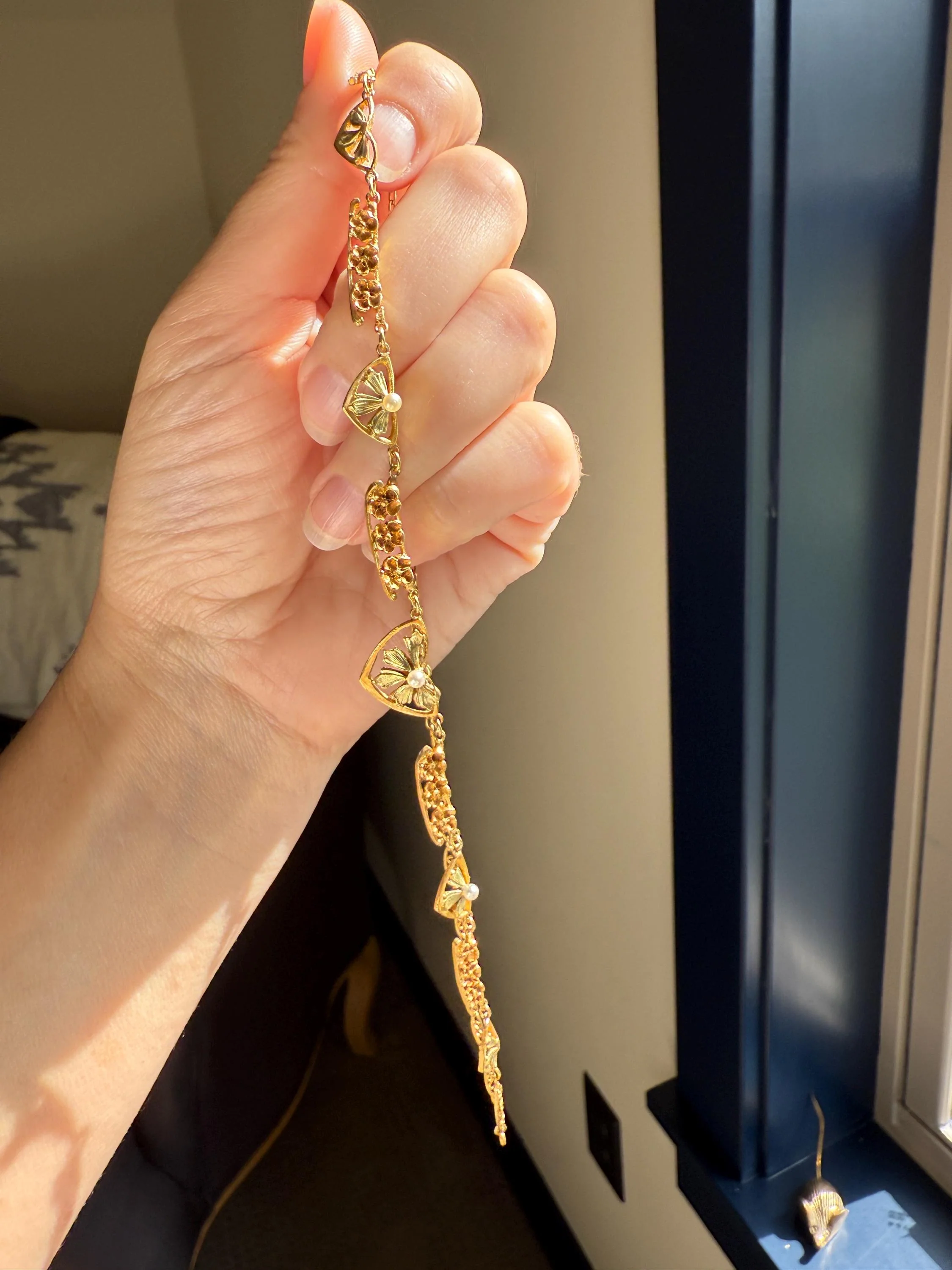 FORGET ME NOTS French Art Nouveau Antique 18k Gold Green Leaf Pearl Floral Necklace Drapery Chain Collar Flower Pendants - Image 4