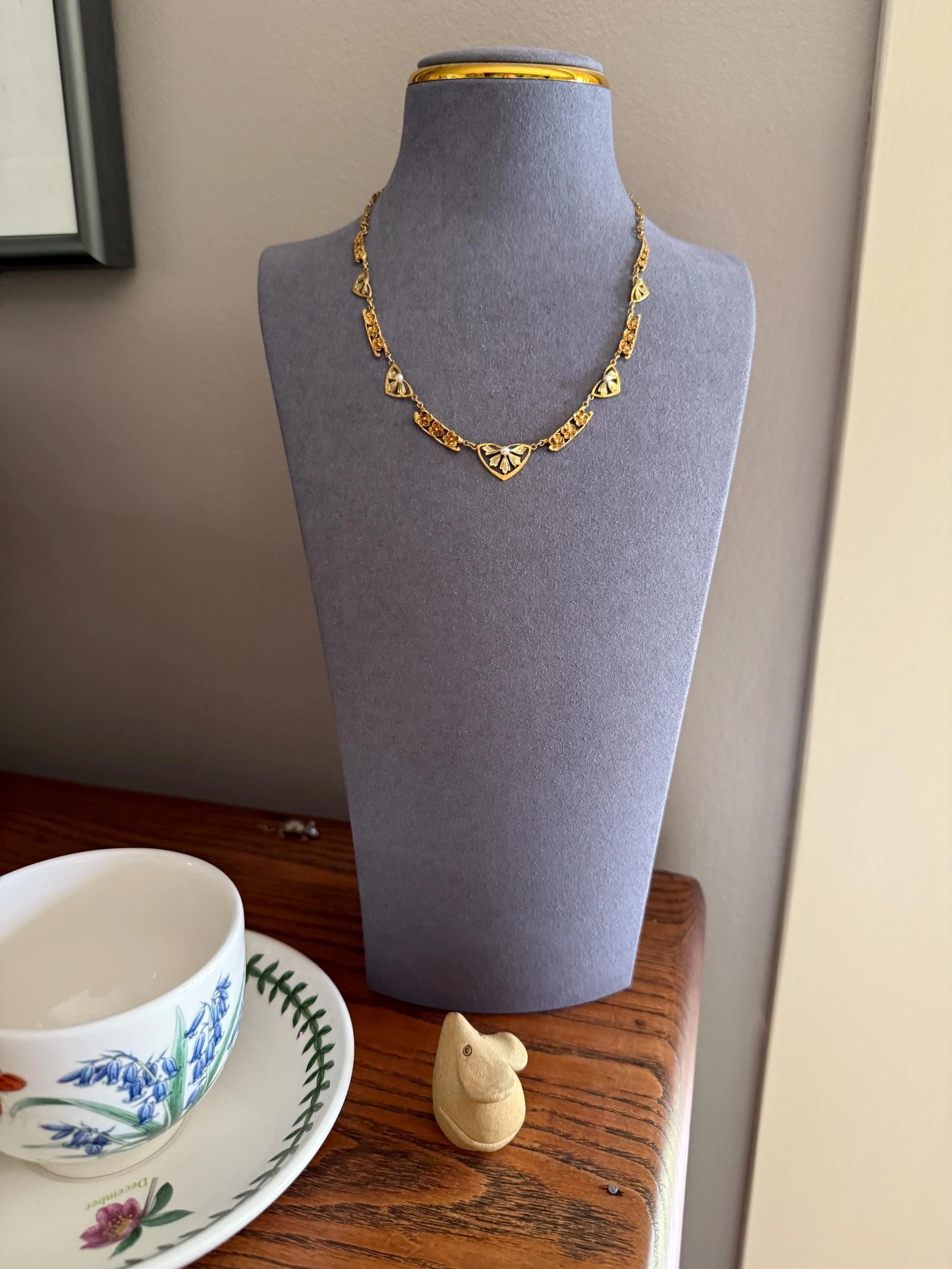 FORGET ME NOTS French Art Nouveau Antique 18k Gold Green Leaf Pearl Floral Necklace Drapery Chain Collar Flower Pendants - Image 5