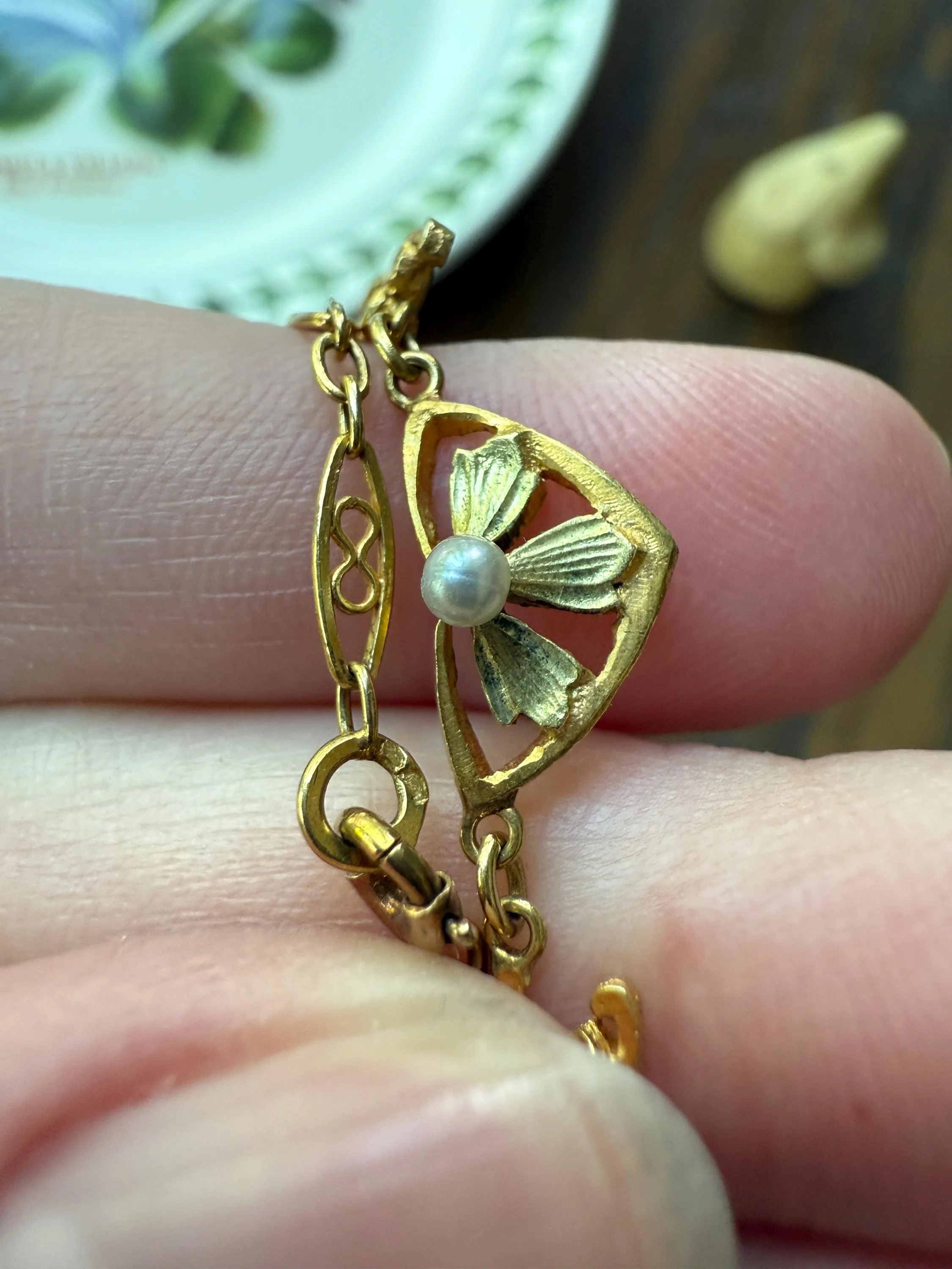 FORGET ME NOTS French Art Nouveau Antique 18k Gold Green Leaf Pearl Floral Necklace Drapery Chain Collar Flower Pendants - Image 7
