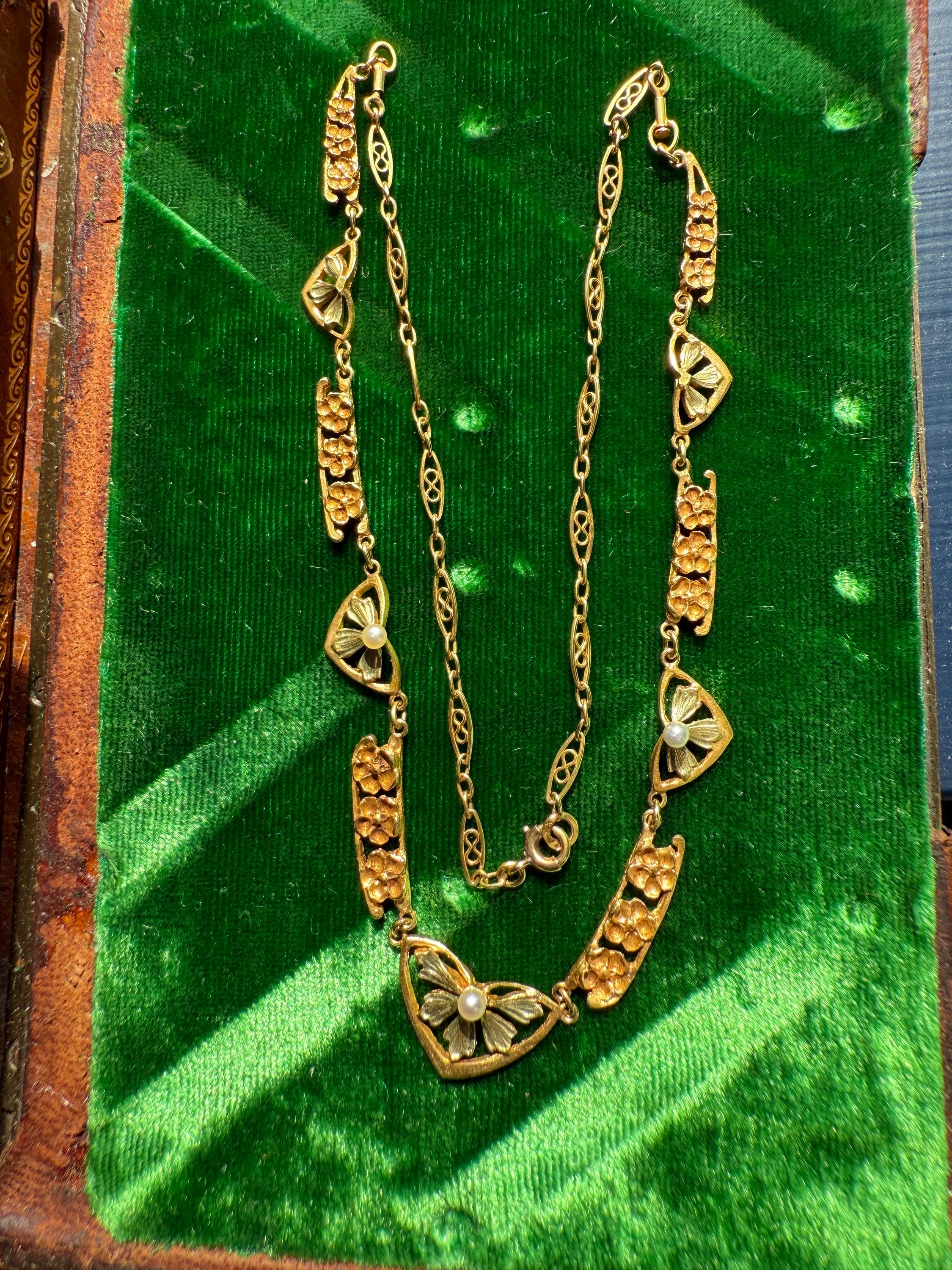 FORGET ME NOTS French Art Nouveau Antique 18k Gold Green Leaf Pearl Floral Necklace Drapery Chain Collar Flower Pendants - Image 8