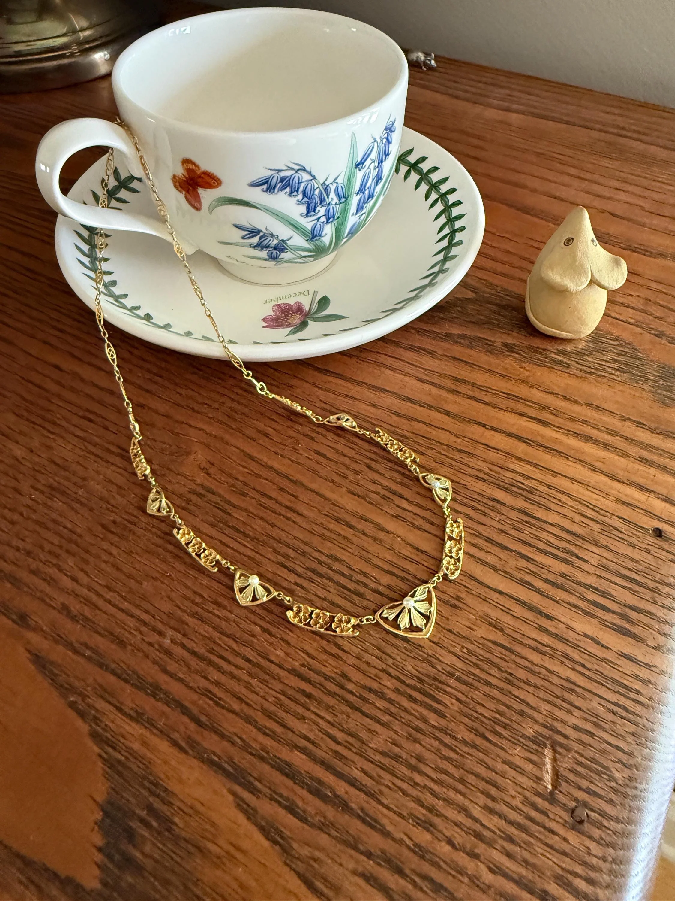 FORGET ME NOTS French Art Nouveau Antique 18k Gold Green Leaf Pearl Floral Necklace Drapery Chain Collar Flower Pendants - Image 9