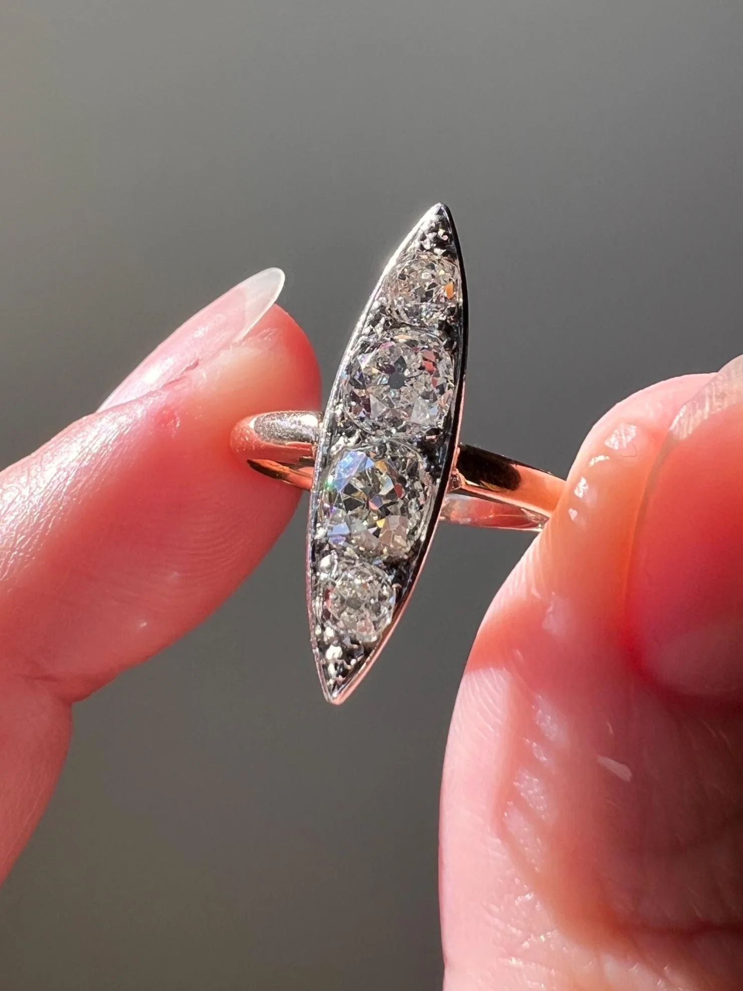 Four Stone 1.5 Carat Old Mine Cut DIAMOND Eye Clean! Antique Navette Ring French 18k Rose Gold Platinum Stacker Belle Epoque Victorian OmC