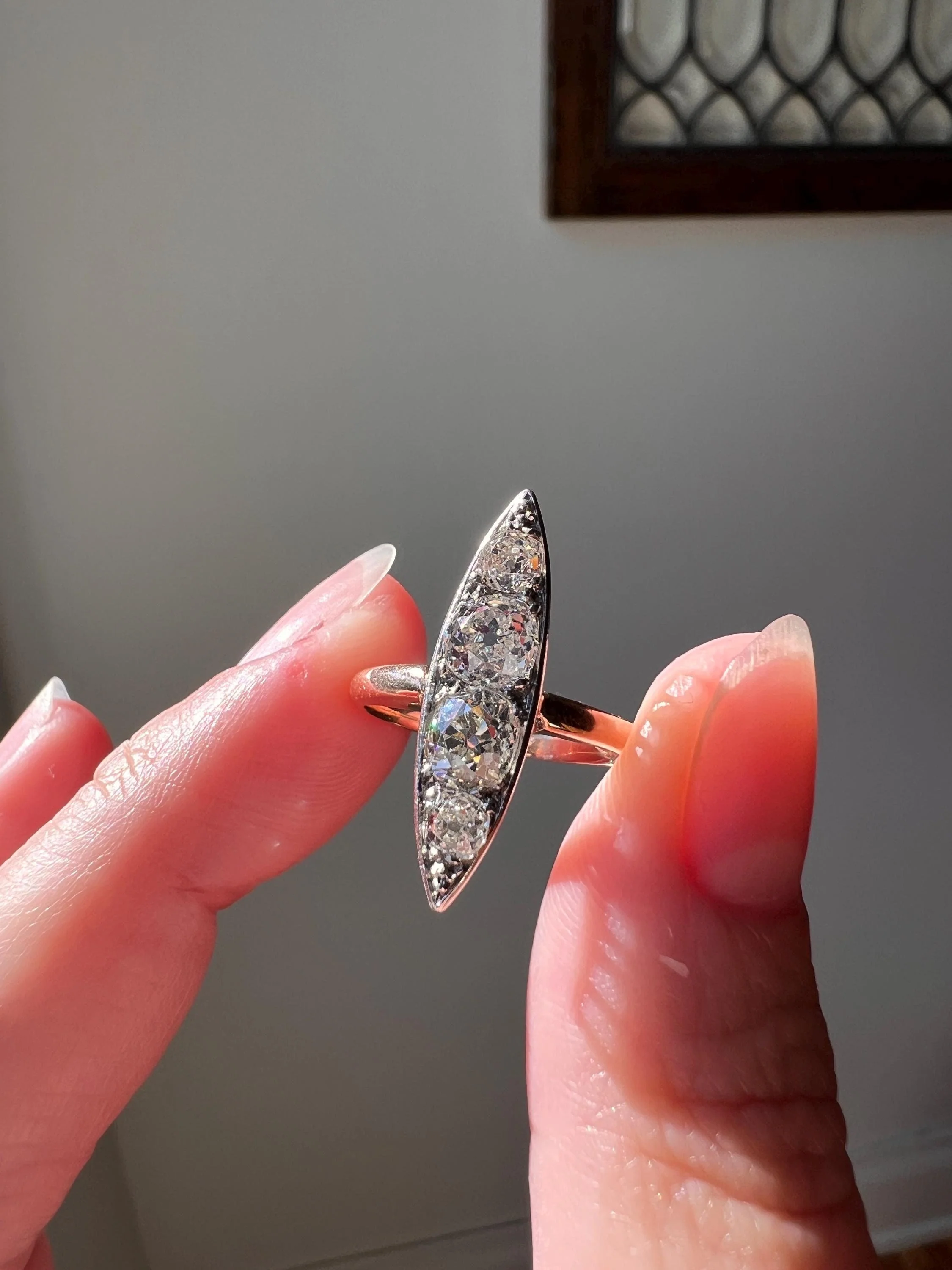 Four Stone 1.5 Carat Old Mine Cut DIAMOND Eye Clean! Antique Navette Ring French 18k Rose Gold Platinum Stacker Belle Epoque Victorian OmC - Image 11