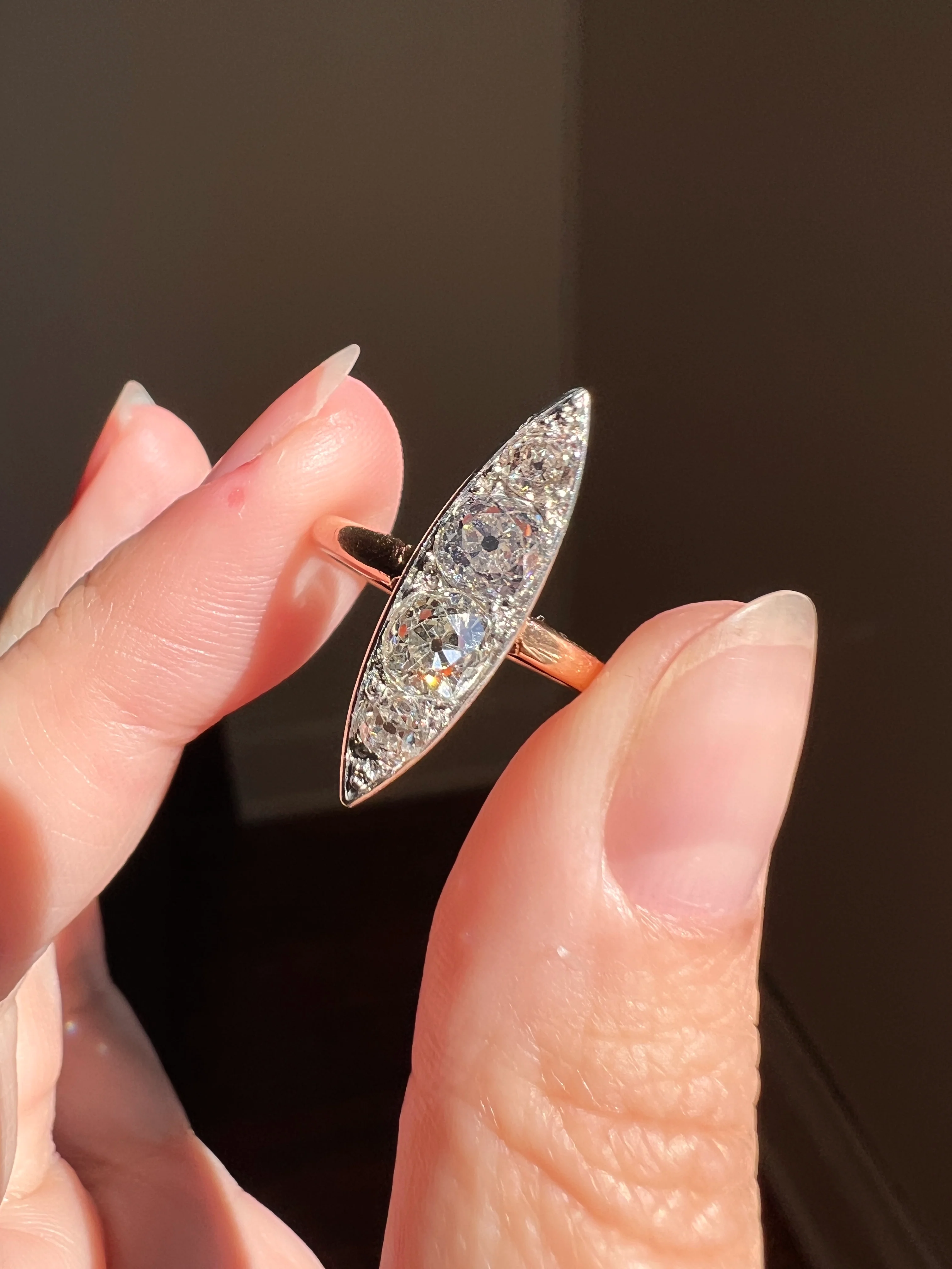 Four Stone 1.5 Carat Old Mine Cut DIAMOND Eye Clean! Antique Navette Ring French 18k Rose Gold Platinum Stacker Belle Epoque Victorian OmC - Image 15